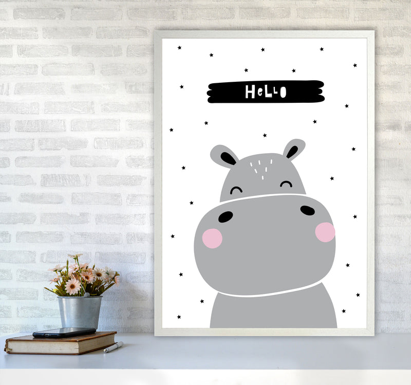 Hello Hippo Modern Print Animal Art Print A1 Oak Frame