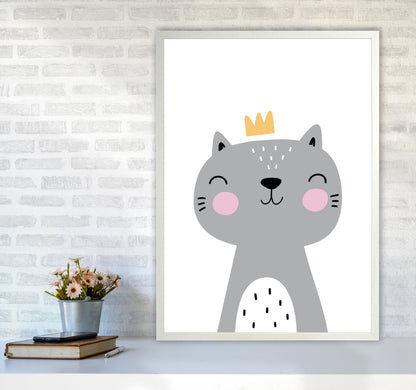 Grey Scandi Cat With Crown Modern Print Animal Art Print A1 Oak Frame
