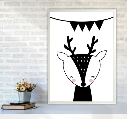 Scandi Black Deer With Banner Framed Nursey Wall Art Print A1 Oak Frame