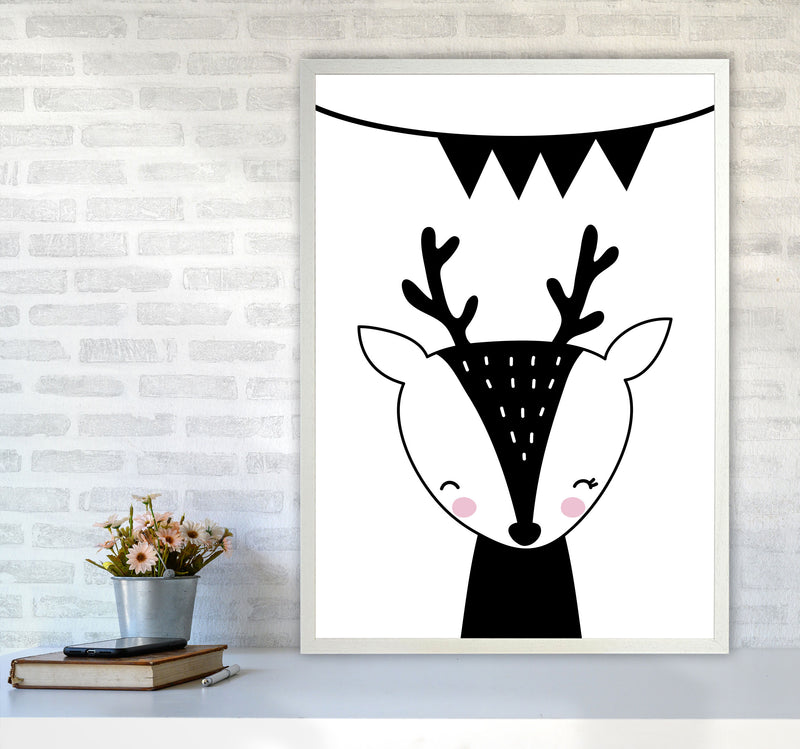 Scandi Black Deer With Banner Framed Nursey Wall Art Print A1 Oak Frame