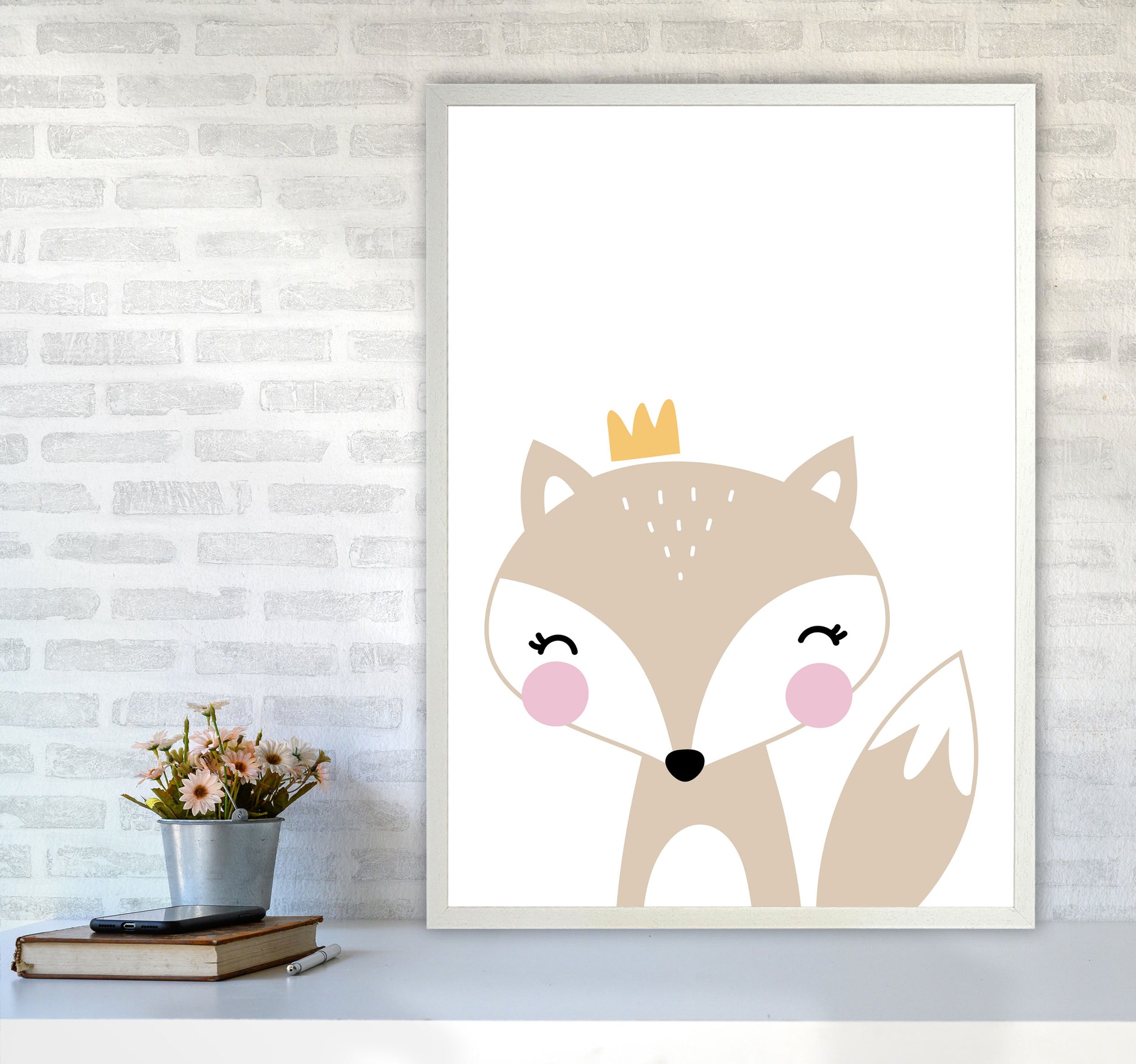 Scandi Beige Fox With Crown Framed Nursey Wall Art Print A1 Oak Frame