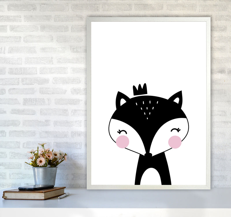 Scandi Black Fox With Crown Framed Nursey Wall Art Print A1 Oak Frame
