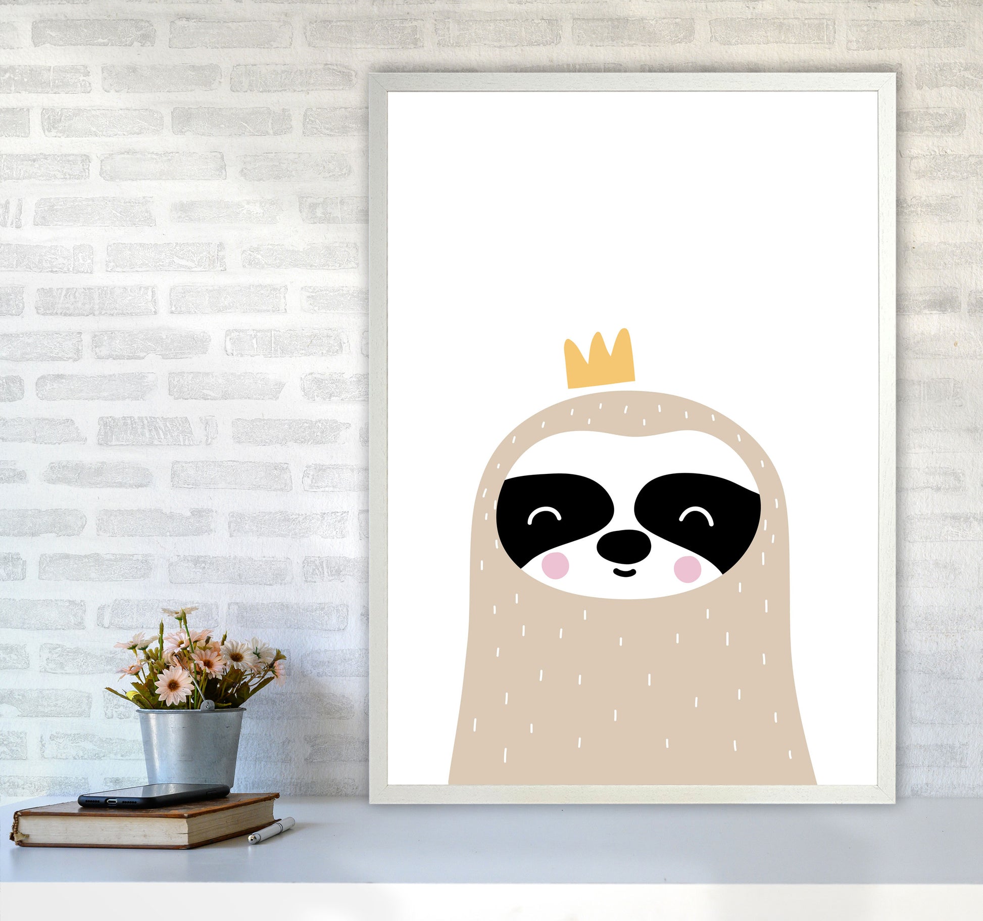 Scandi Sloth With Crown Framed Nursey Wall Art Print A1 Oak Frame