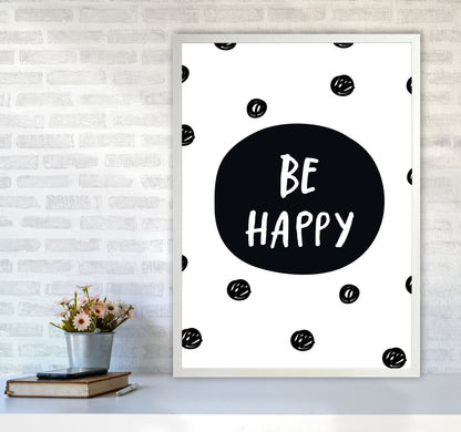 Be Happy Polka Dot Framed Typography Wall Art Print A1 Oak Frame