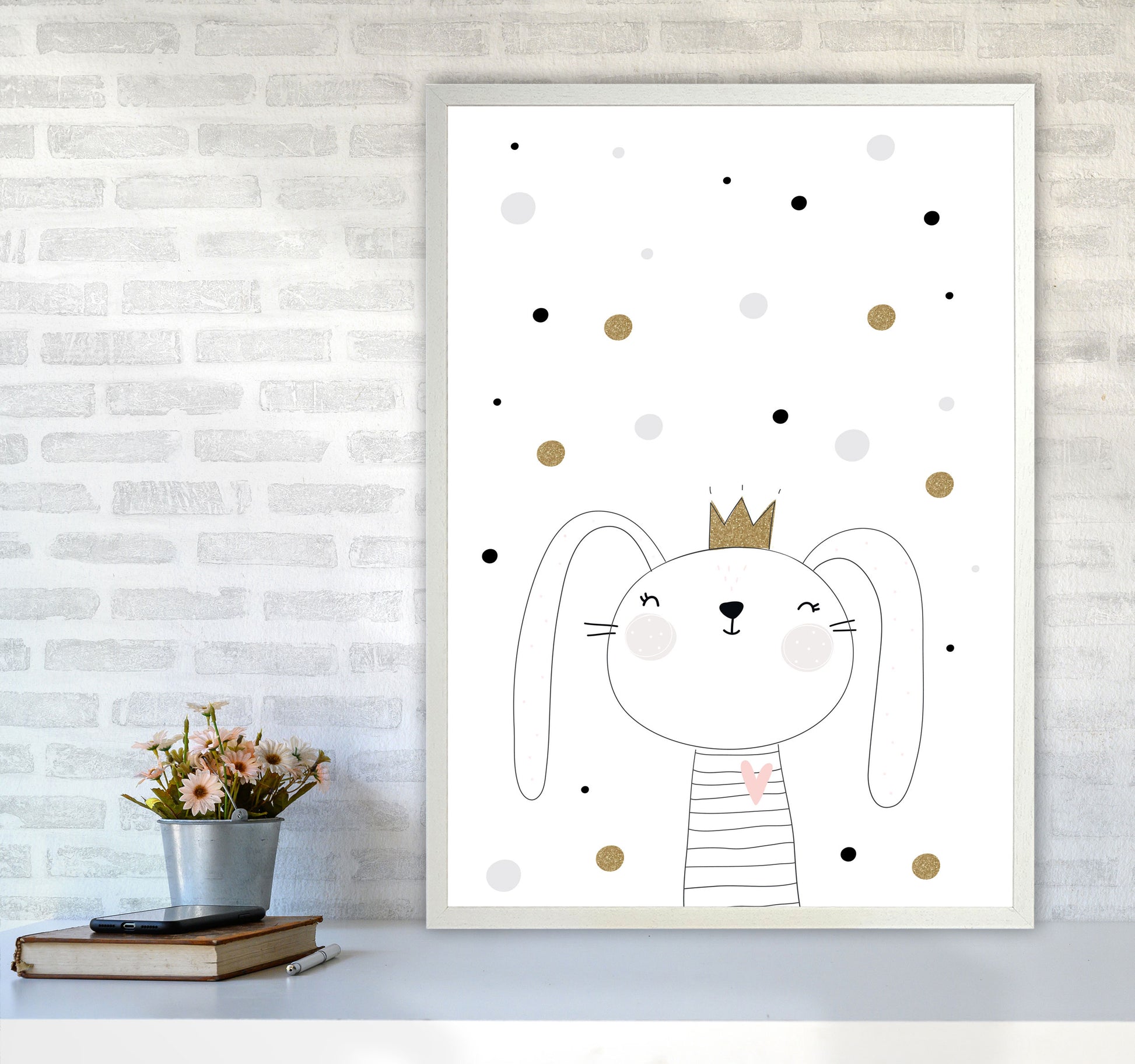 Scandi Cute Bunny With Crown And Polka Dots Modern Print A1 Oak Frame