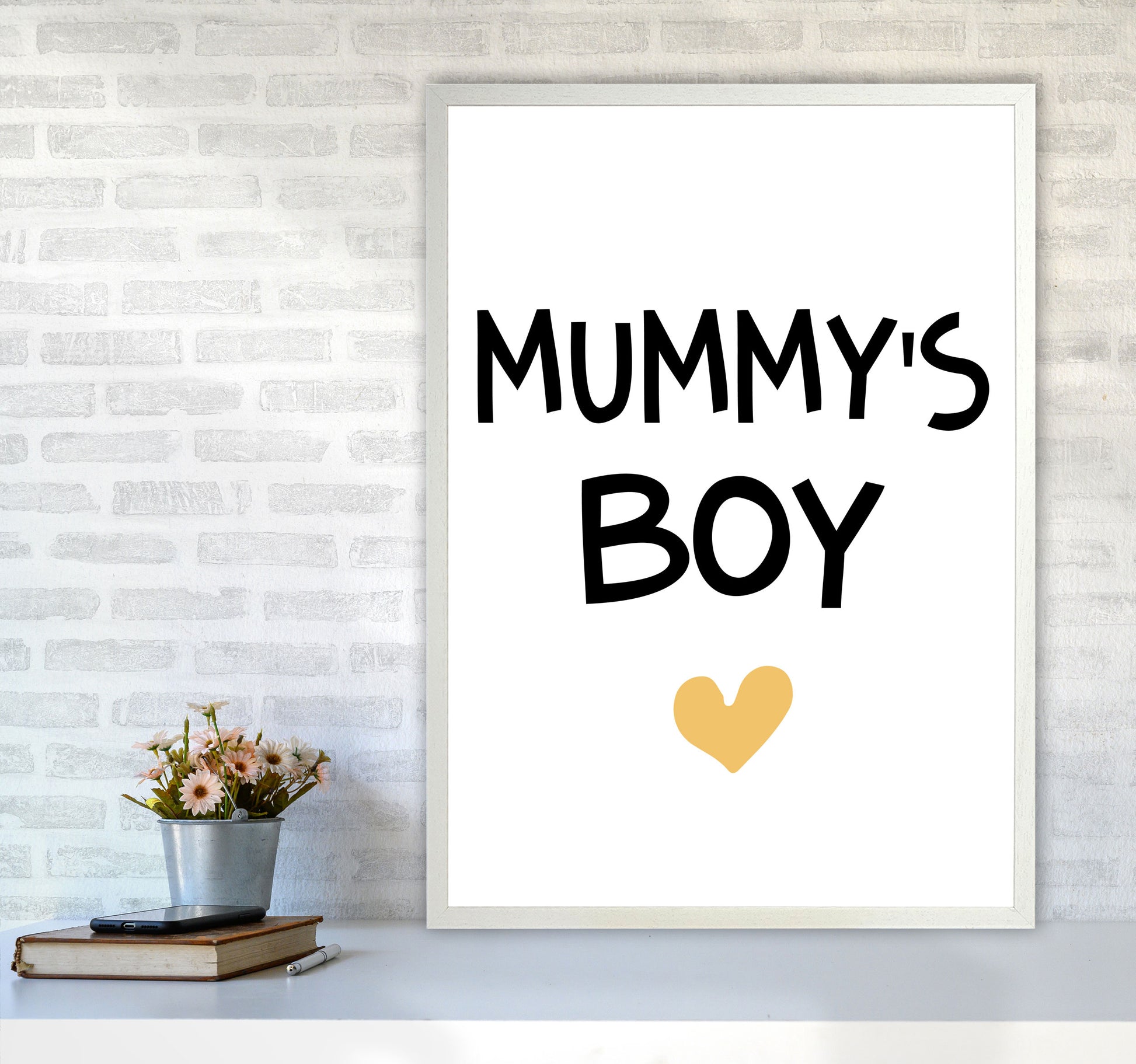 Mummy&#39;s Boy Mustard Framed Nursey Wall Art Print A1 Oak Frame
