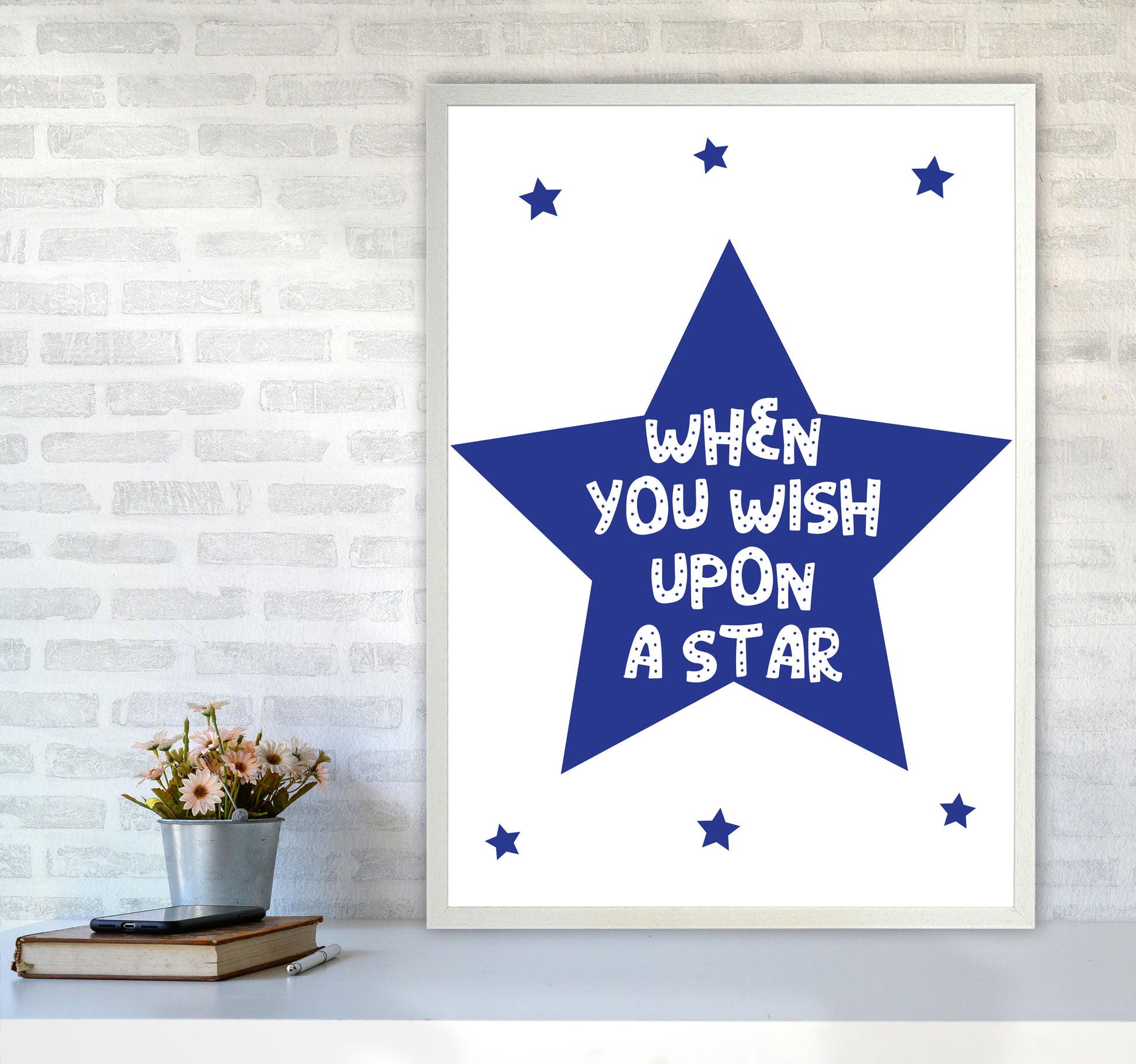 Wish Upon A Star Navy Framed Nursey Wall Art Print A1 Oak Frame