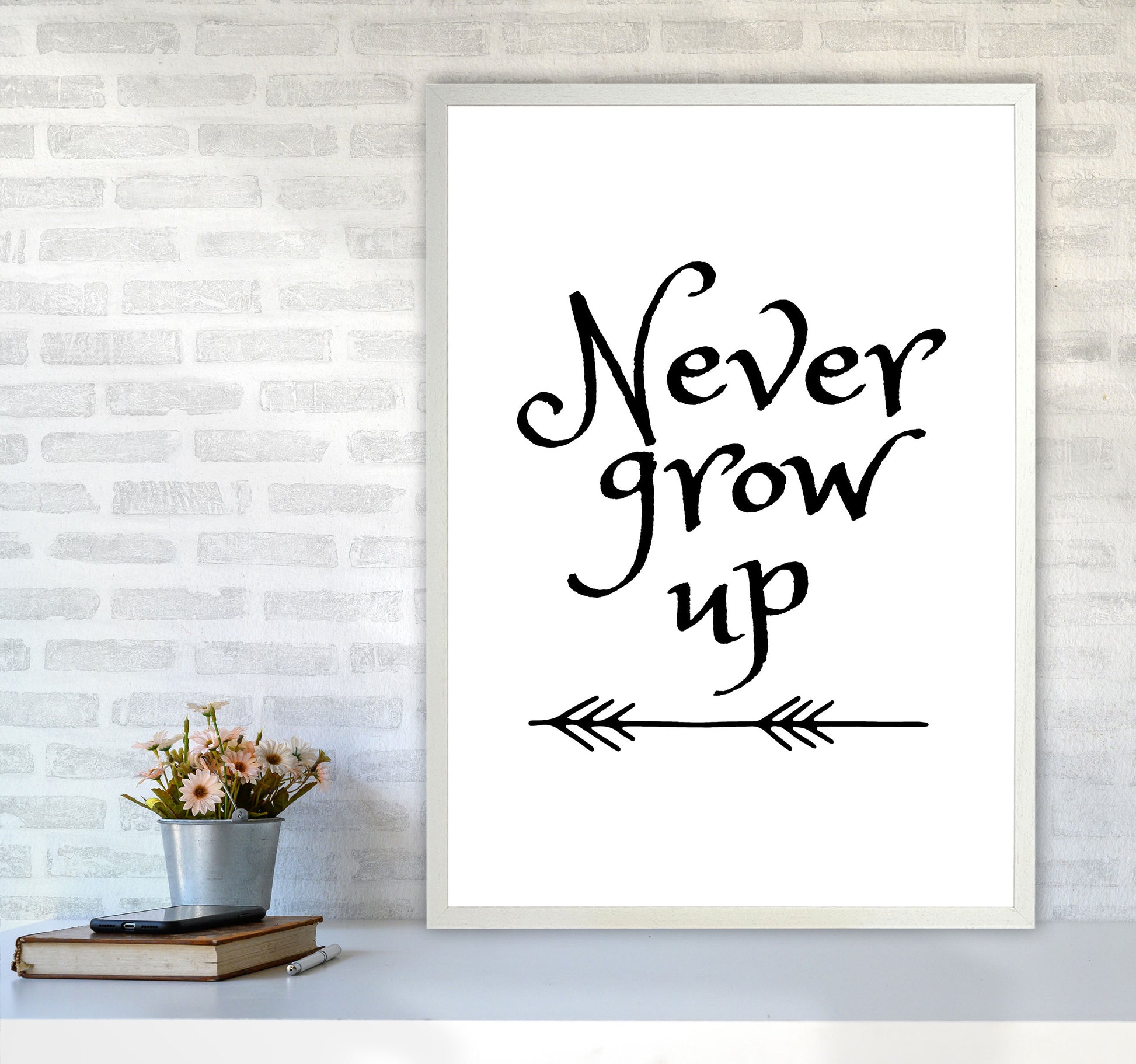 Never Grow Up Black Framed Nursey Wall Art Print A1 Oak Frame