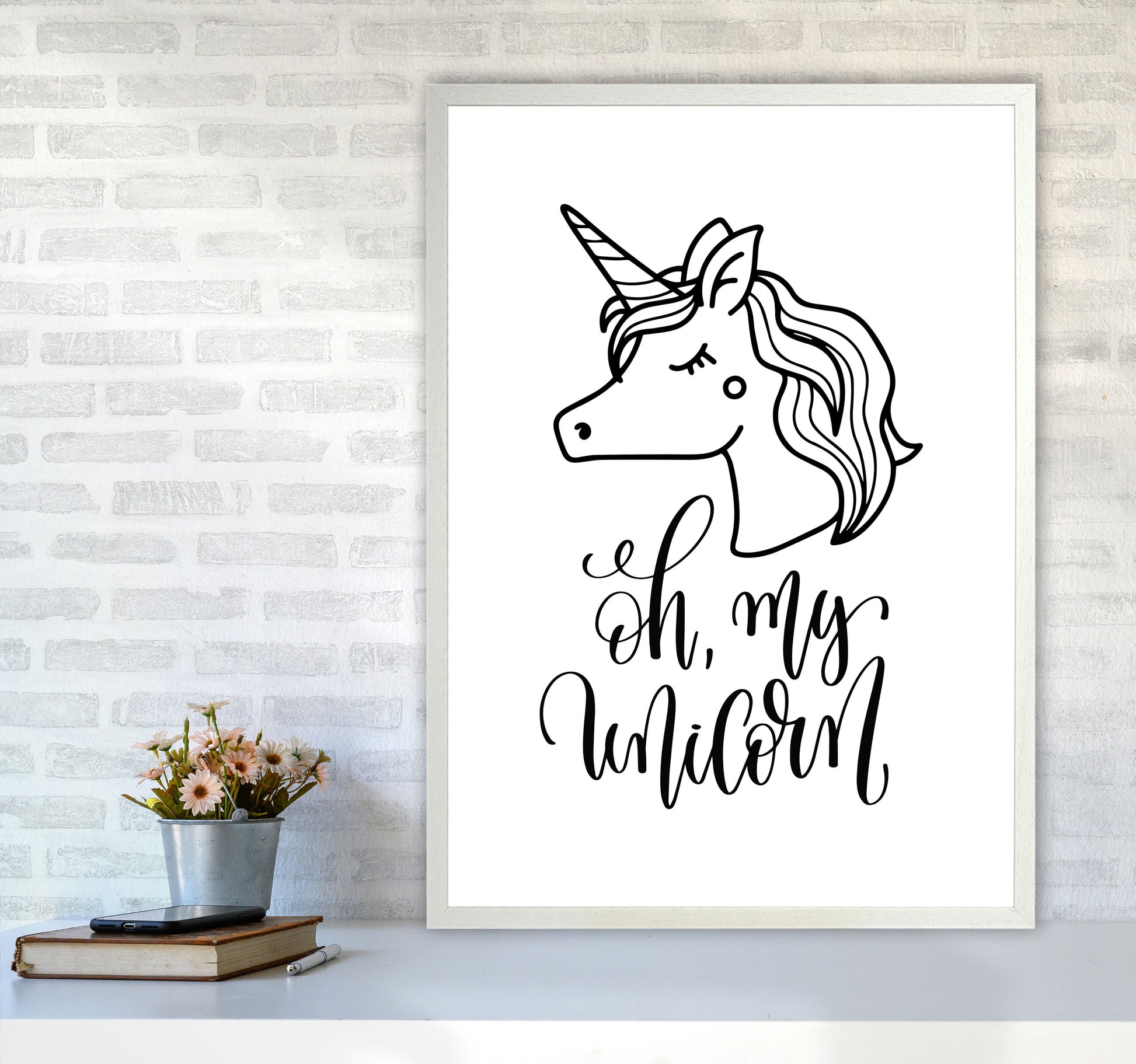 Oh My Unicorn Black Framed Nursey Wall Art Print A1 Oak Frame