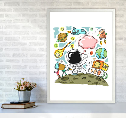 Space Illustration Framed Nursey Wall Art Print A1 Oak Frame