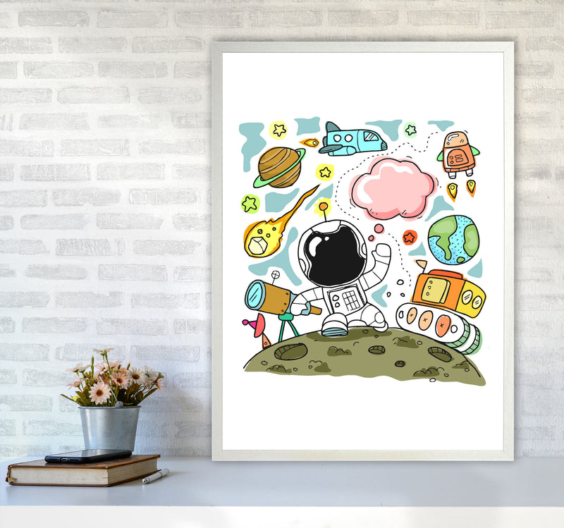 Space Illustration Framed Nursey Wall Art Print A1 Oak Frame