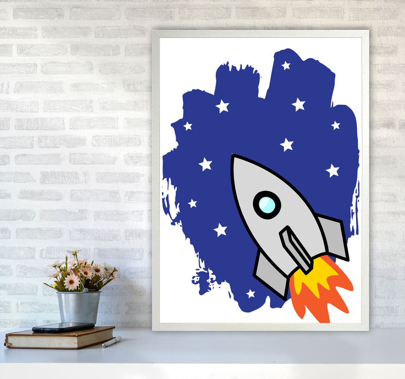 Space Rocket Framed Nursey Wall Art Print A1 Oak Frame
