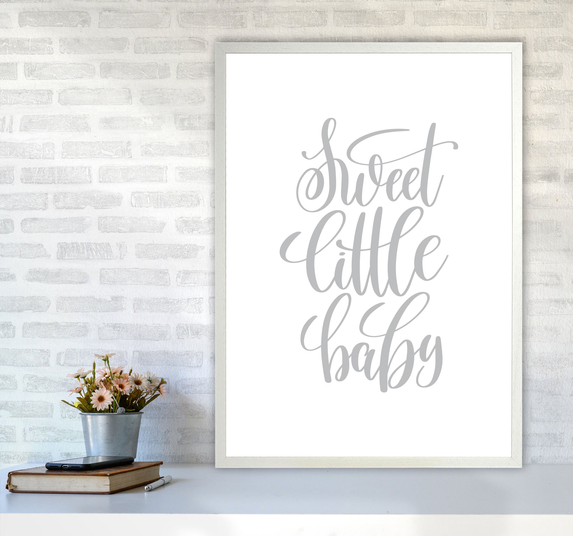 Sweet Little Baby Grey Framed Nursey Wall Art Print A1 Oak Frame