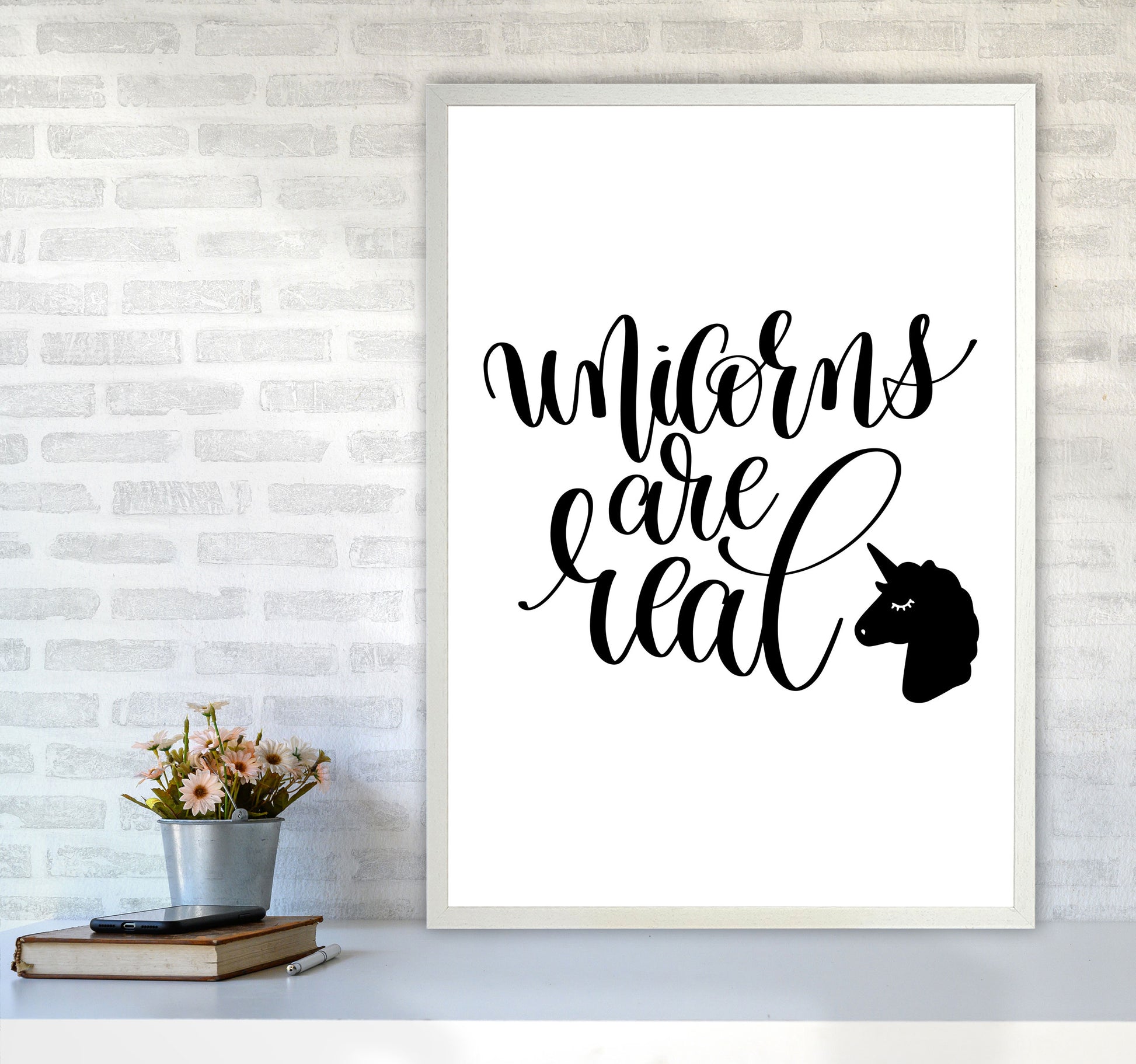 Unicorns Are Real Black Framed Nursey Wall Art Print A1 Oak Frame