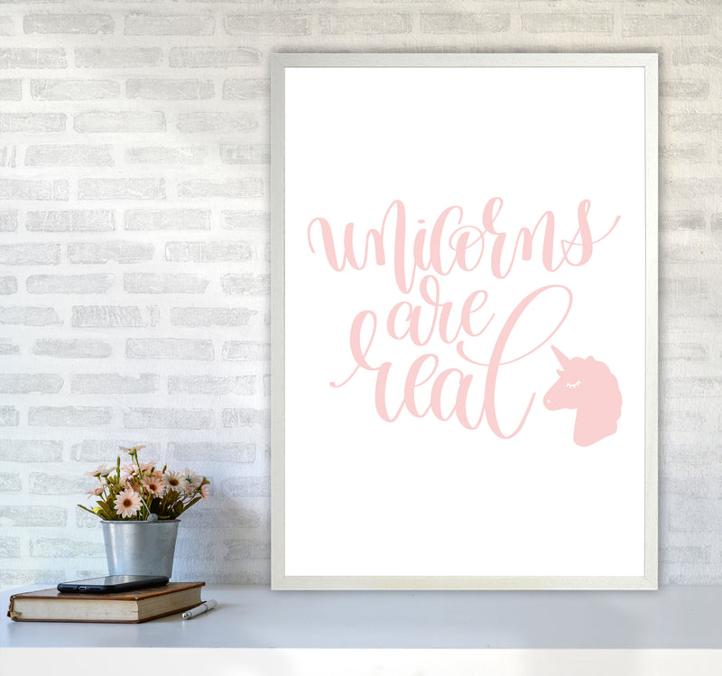 Unicorns Are Real Pink Modern Art Print, Framed Childrens Nursey Poster A1 Oak Frame