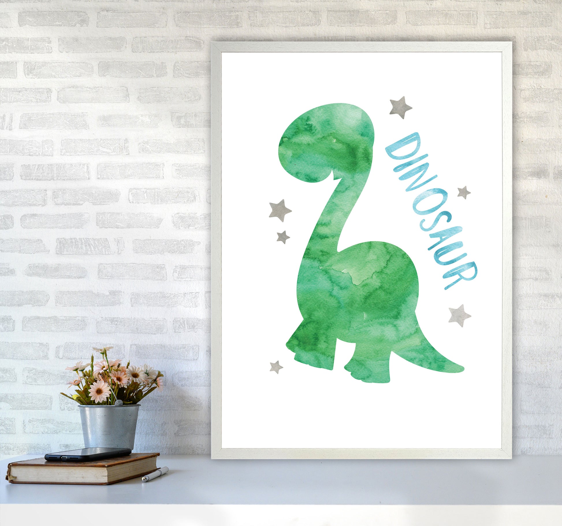 Dinosaur Watercolour Modern Print A1 Oak Frame
