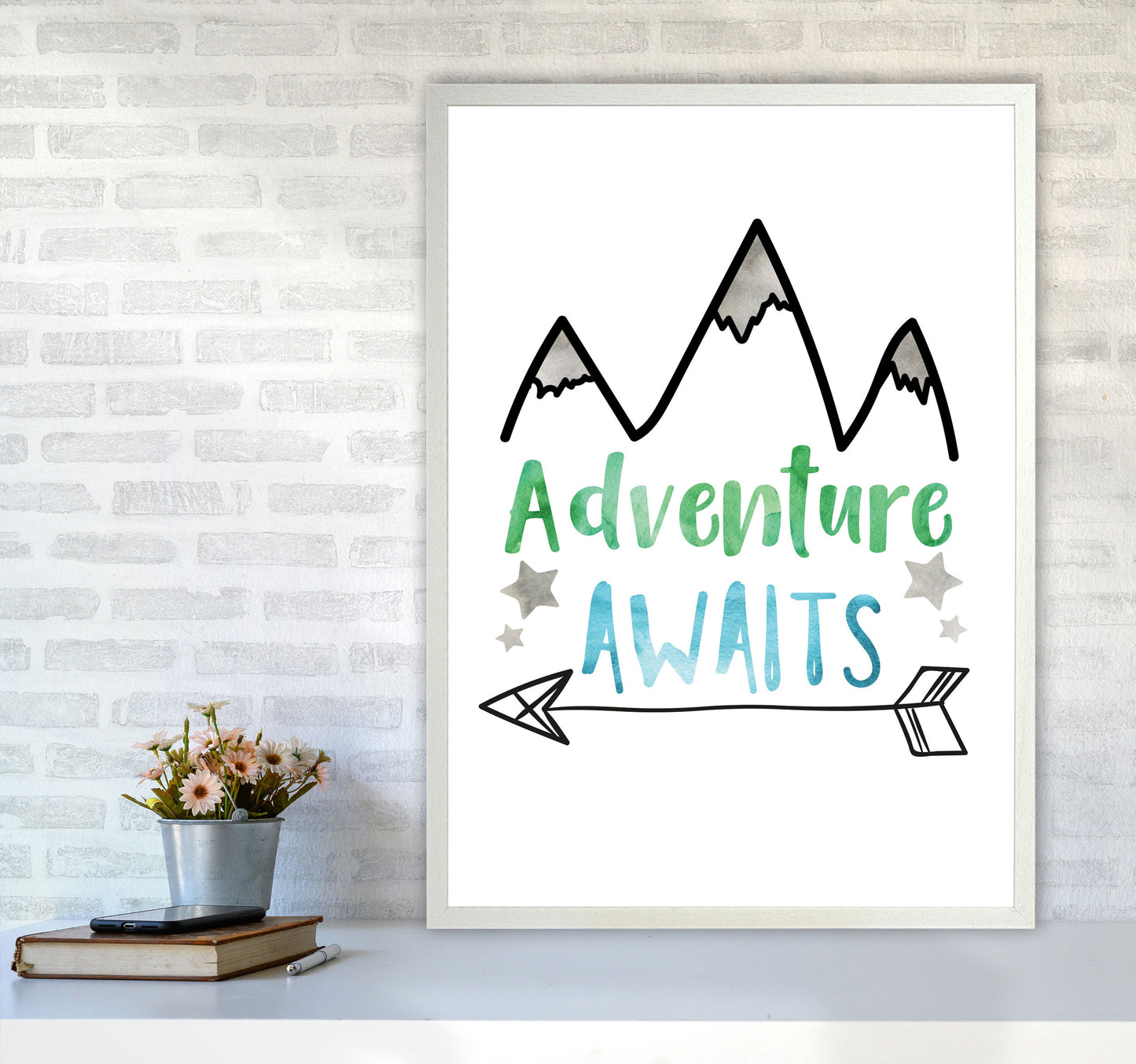 Adventure Awaits Watercolour Modern Print A1 Oak Frame