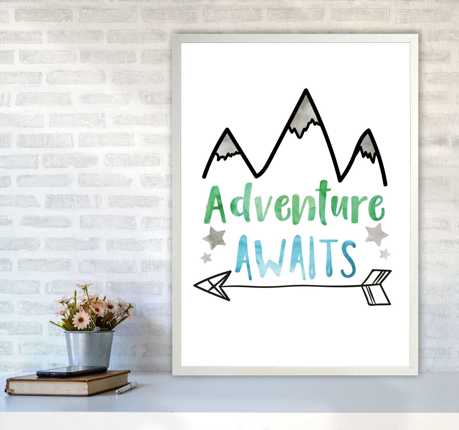 Adventure Awaits Watercolour Modern Print A1 Oak Frame
