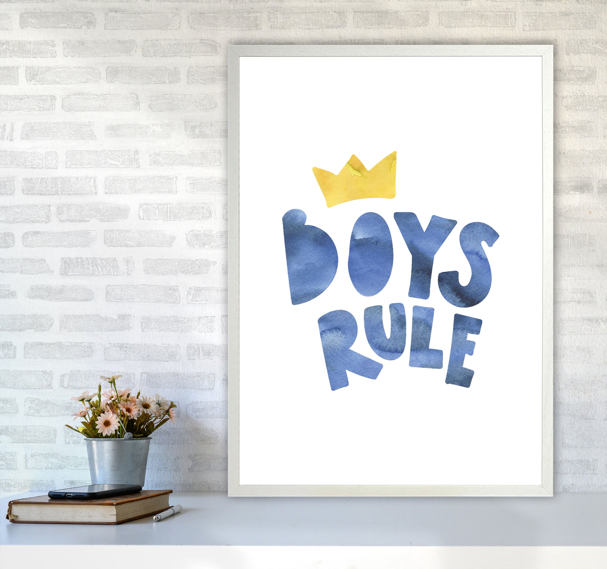 Boys Rule Watercolour Framed Nursey Wall Art Print A1 Oak Frame