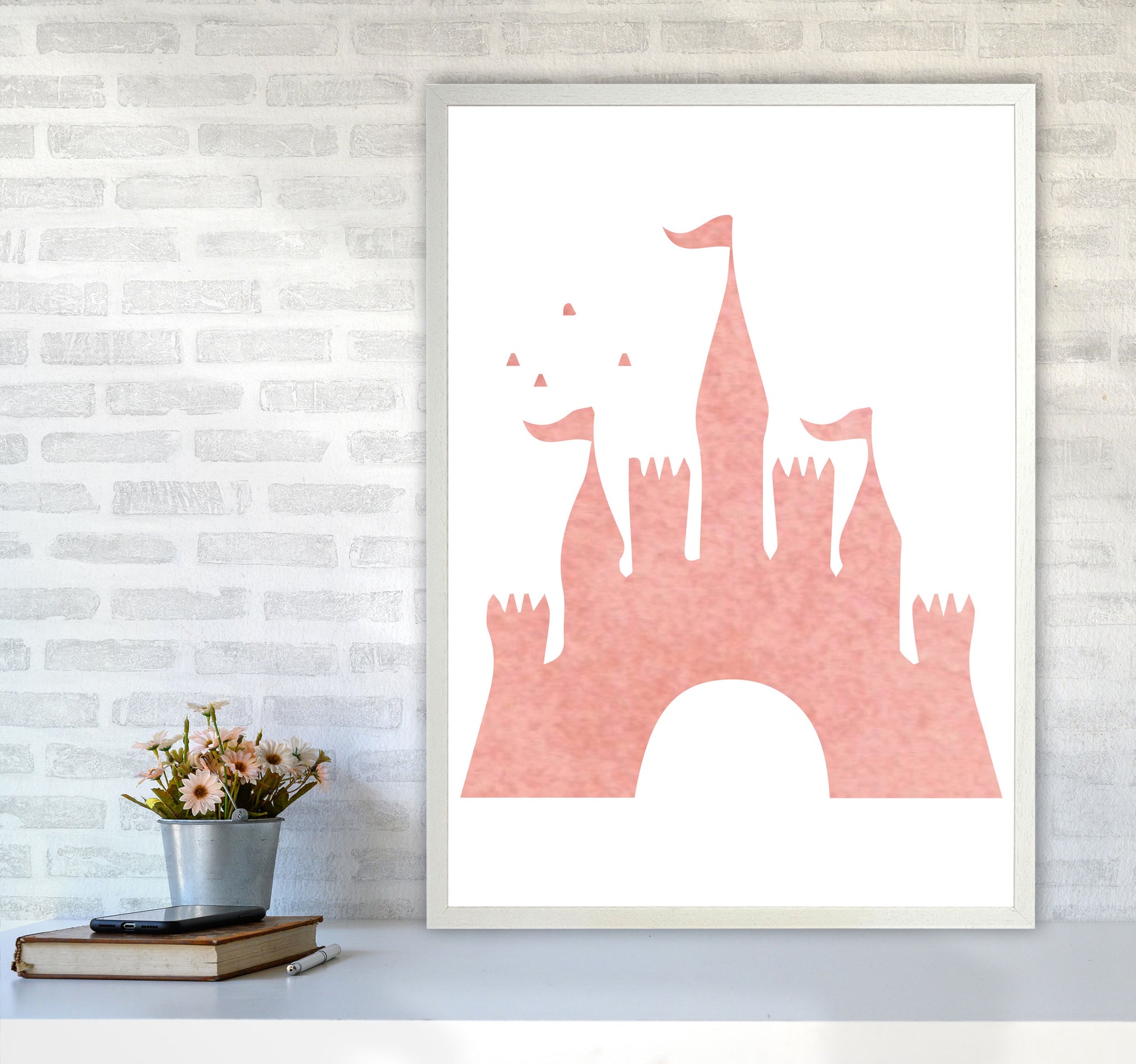Peach Castle Watercolour Modern Print A1 Oak Frame