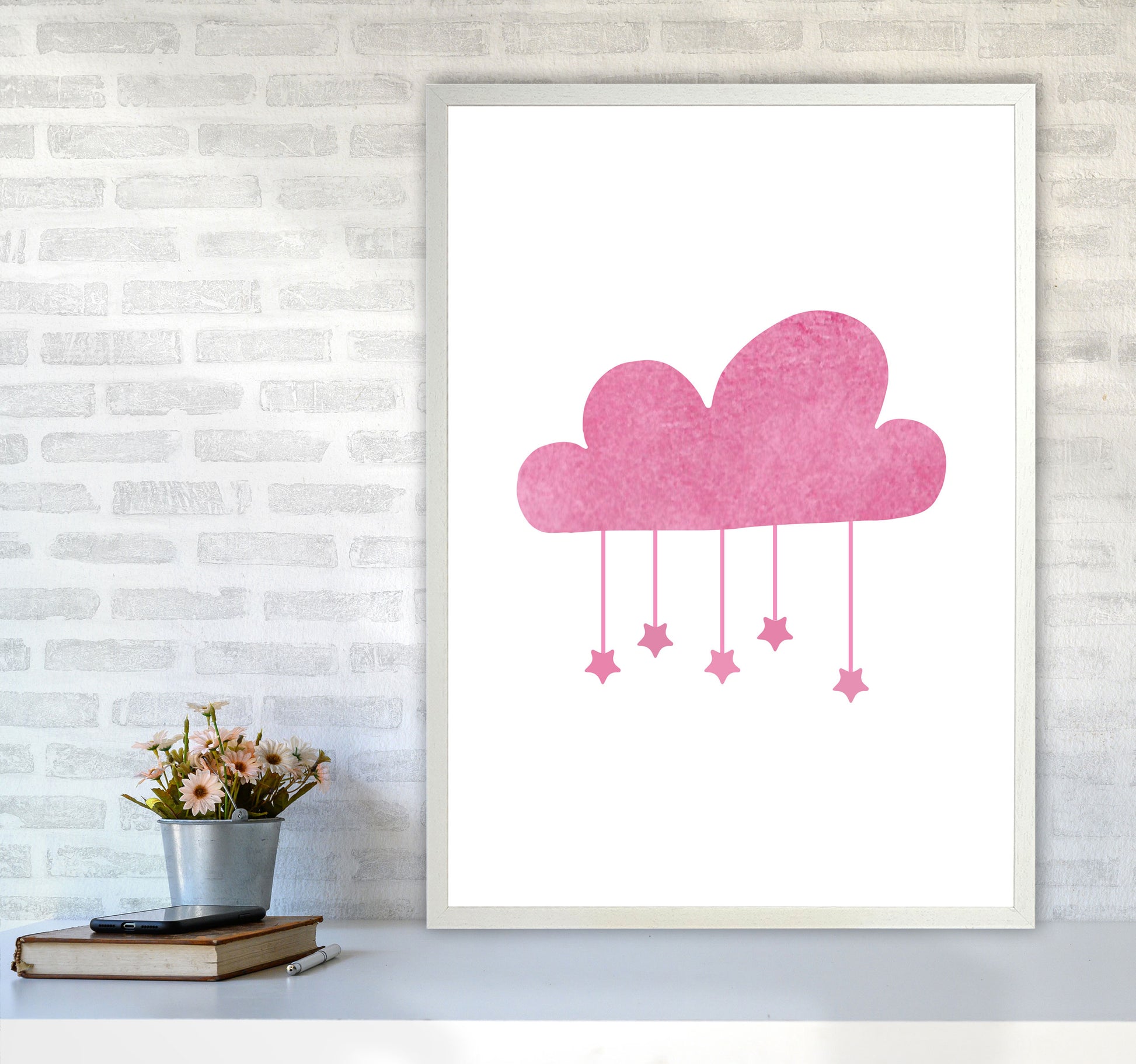 Pink Cloud Watercolour Modern Print A1 Oak Frame