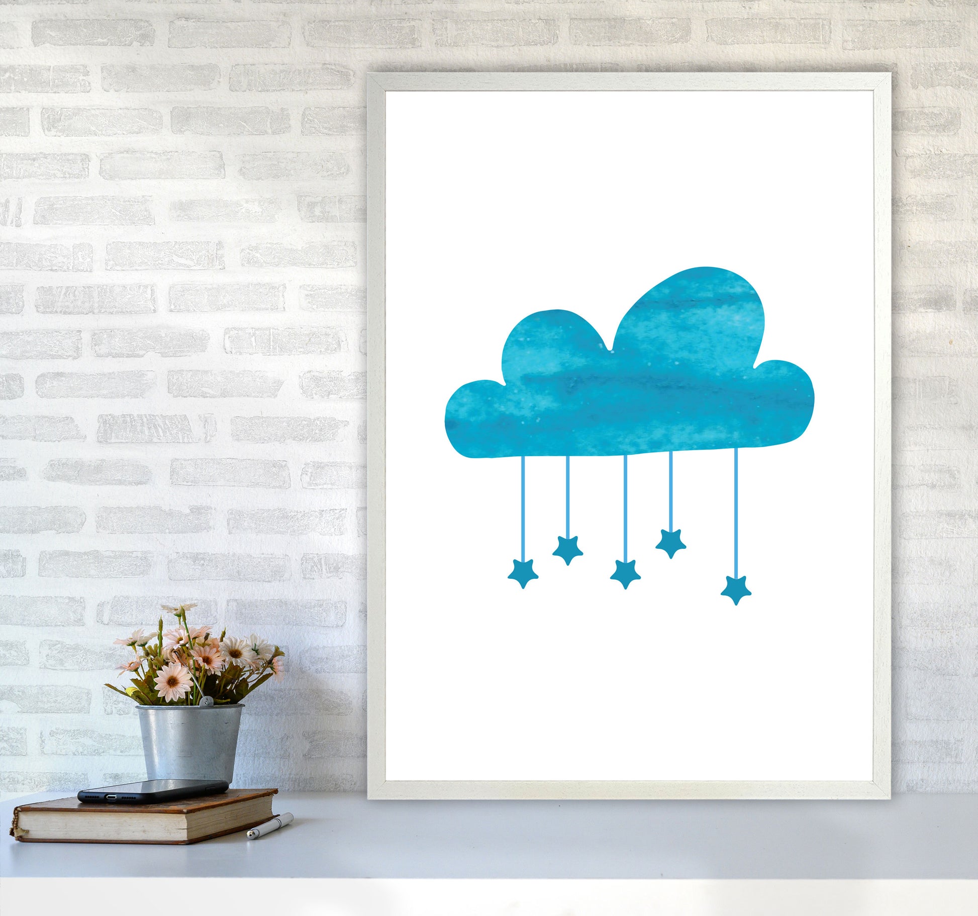 Turquoise Cloud Watercolour Modern Print A1 Oak Frame