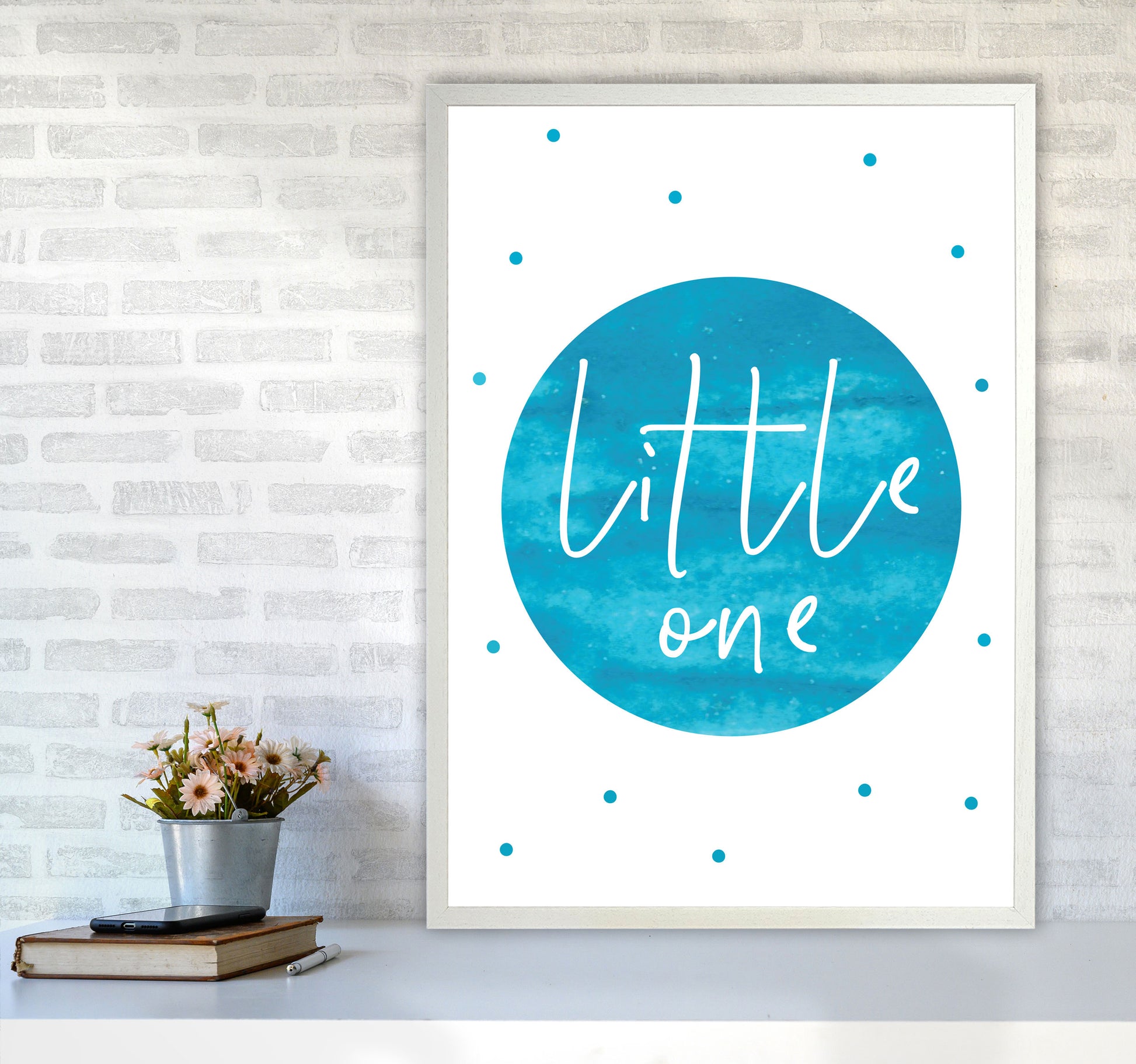Little One Turquoise Watercolour Modern Print A1 Oak Frame