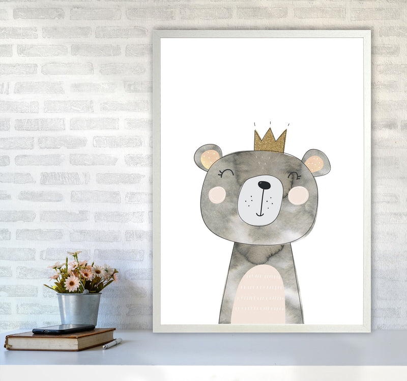 Scandi Grey Bear Watercolour Framed Nursey Wall Art Print A1 Oak Frame