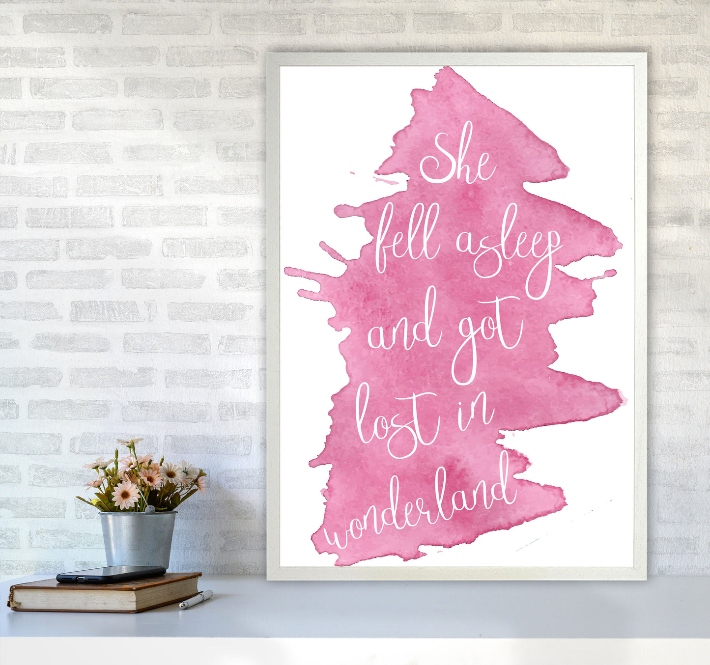 Wonderland Pink Watercolour Modern Print A1 Oak Frame