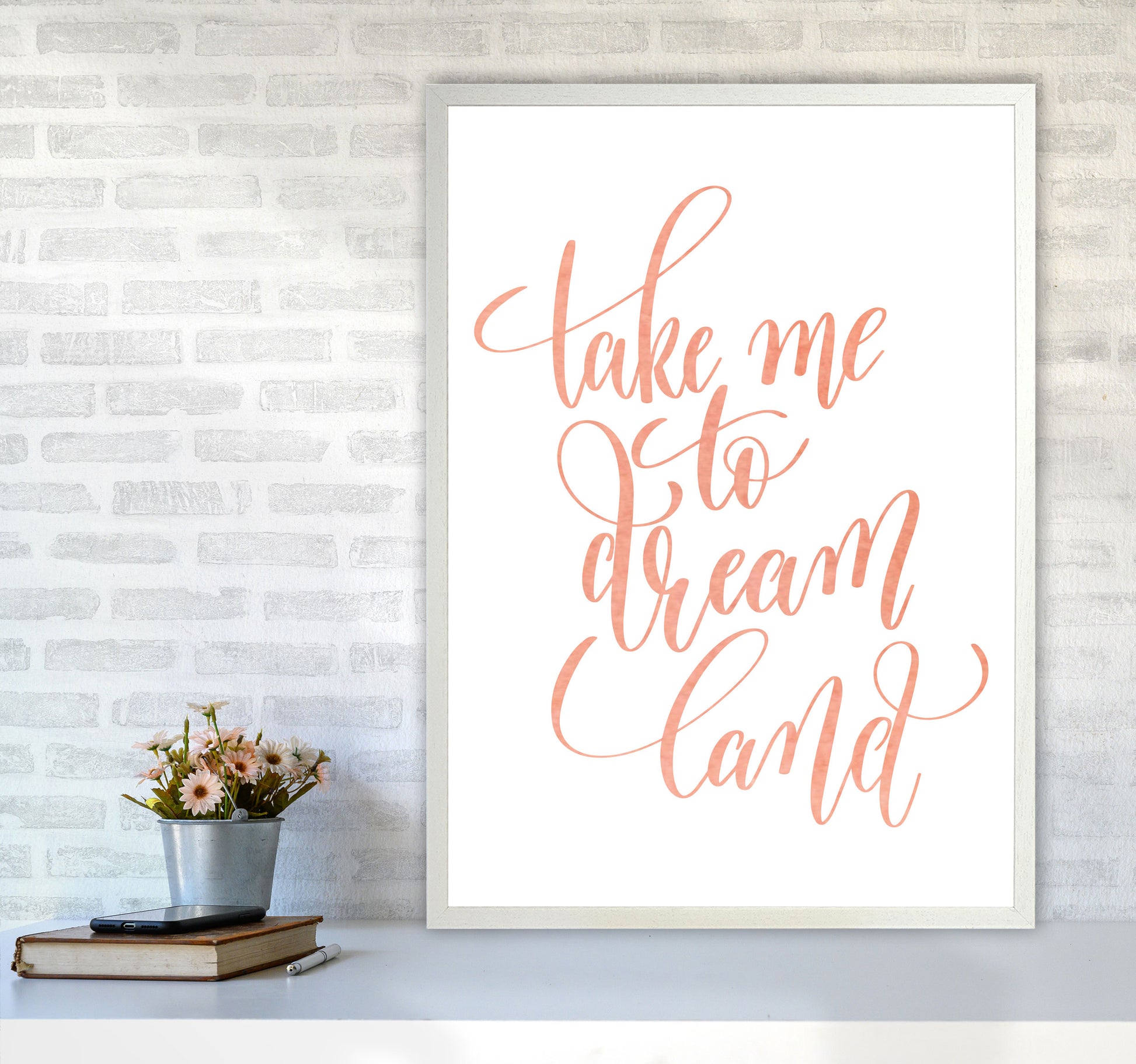Take Me To Dreamland Peach Watercolour Modern Print A1 Oak Frame