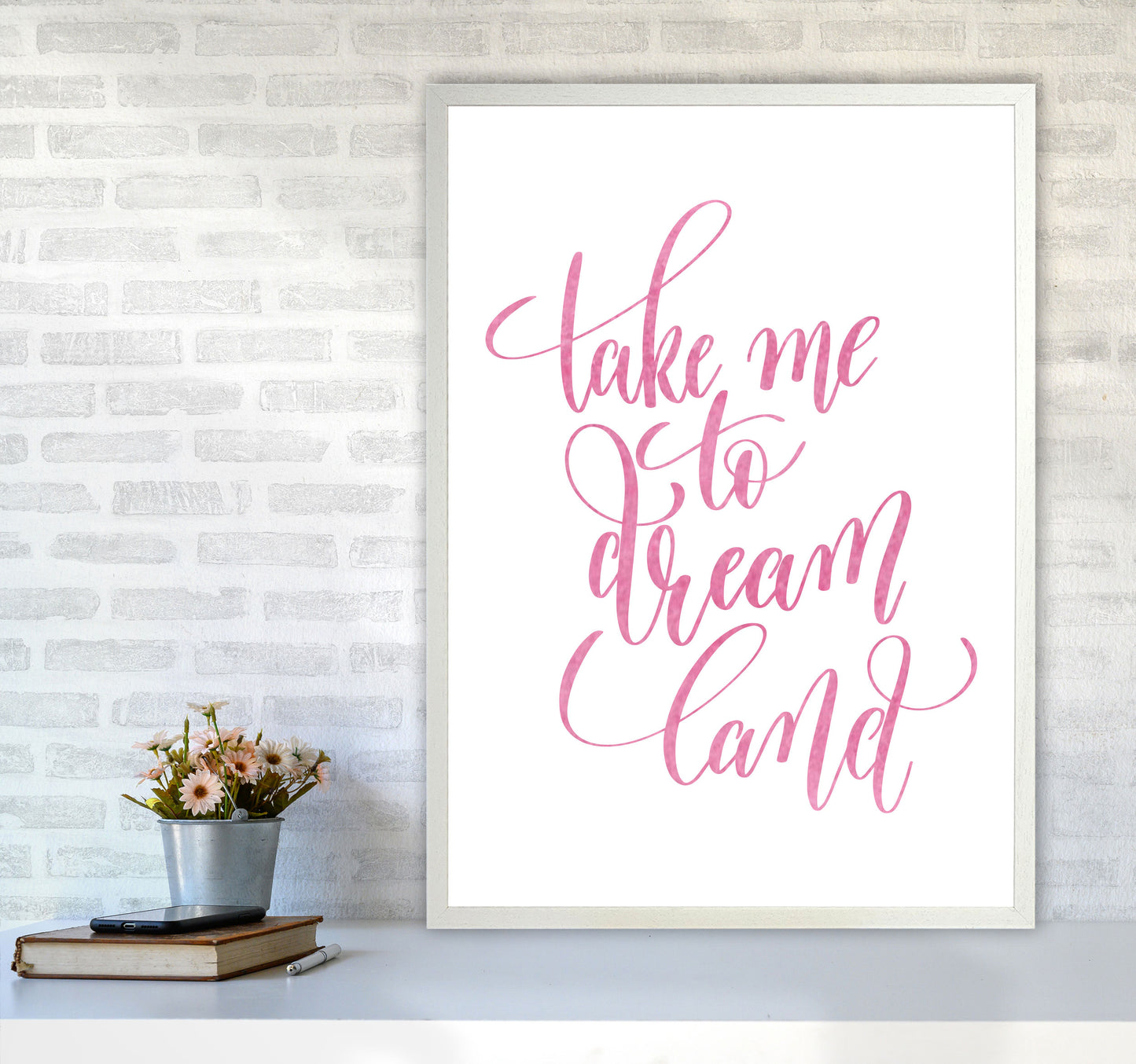 Take Me To Dreamland Pink Watercolour Modern Print A1 Oak Frame