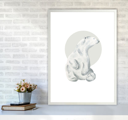 Watercolour Polar Bear With Grey Circle Modern Print, Animal Art Print A1 Oak Frame