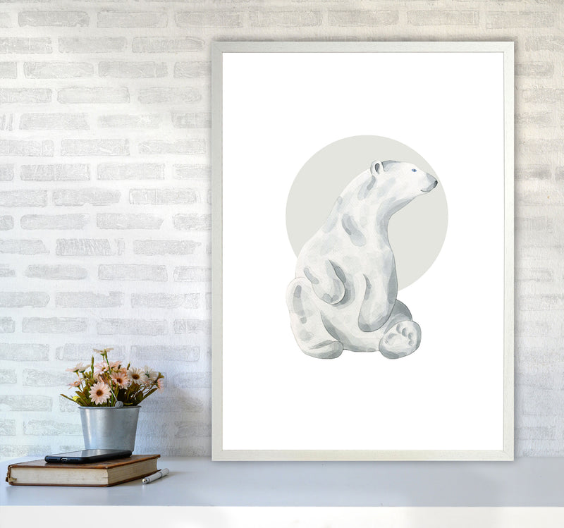 Watercolour Polar Bear With Grey Circle Modern Print, Animal Art Print A1 Oak Frame