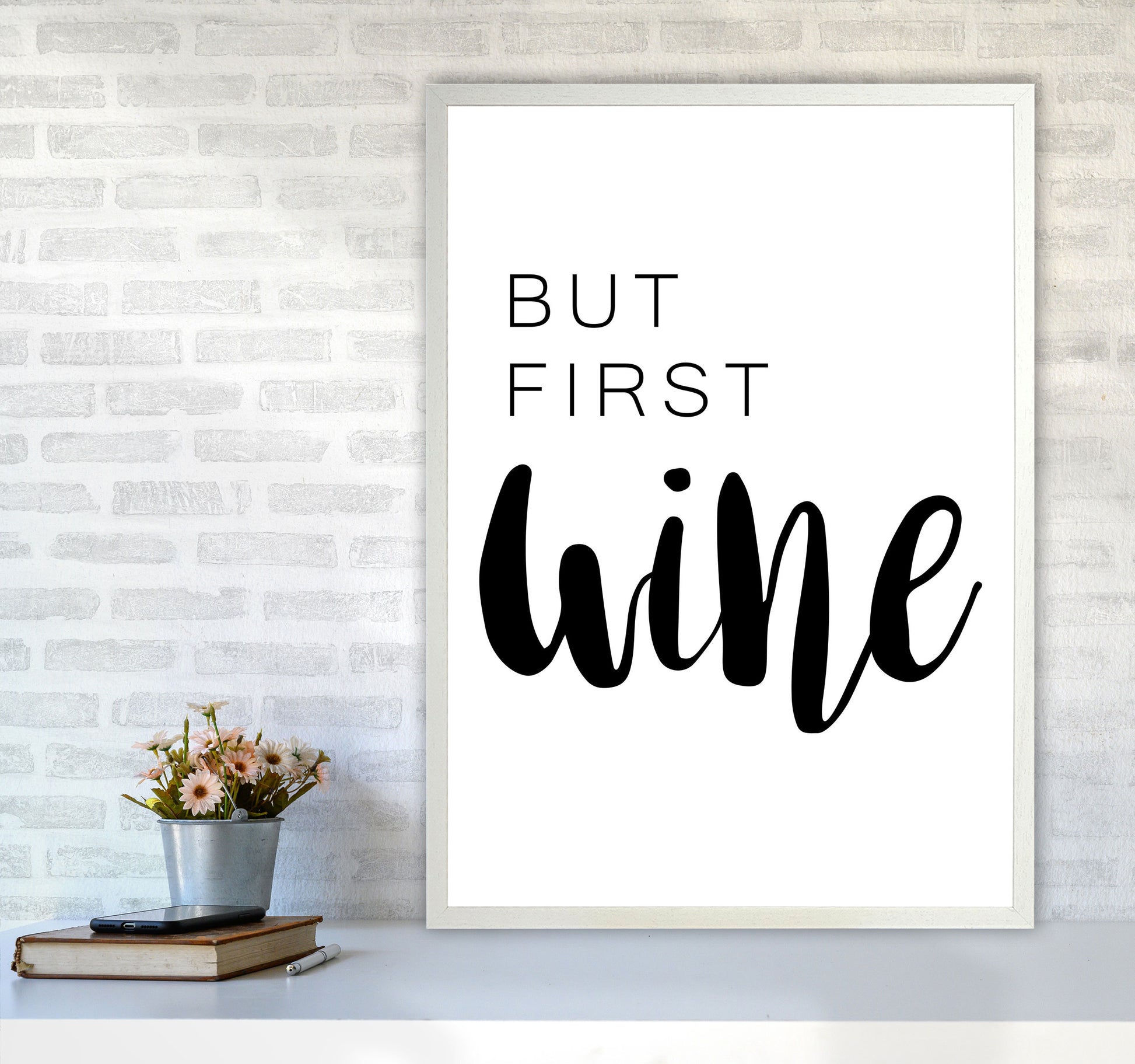 But First Wine Modern Print, Framed Kitchen Wall Art A1 Oak Frame