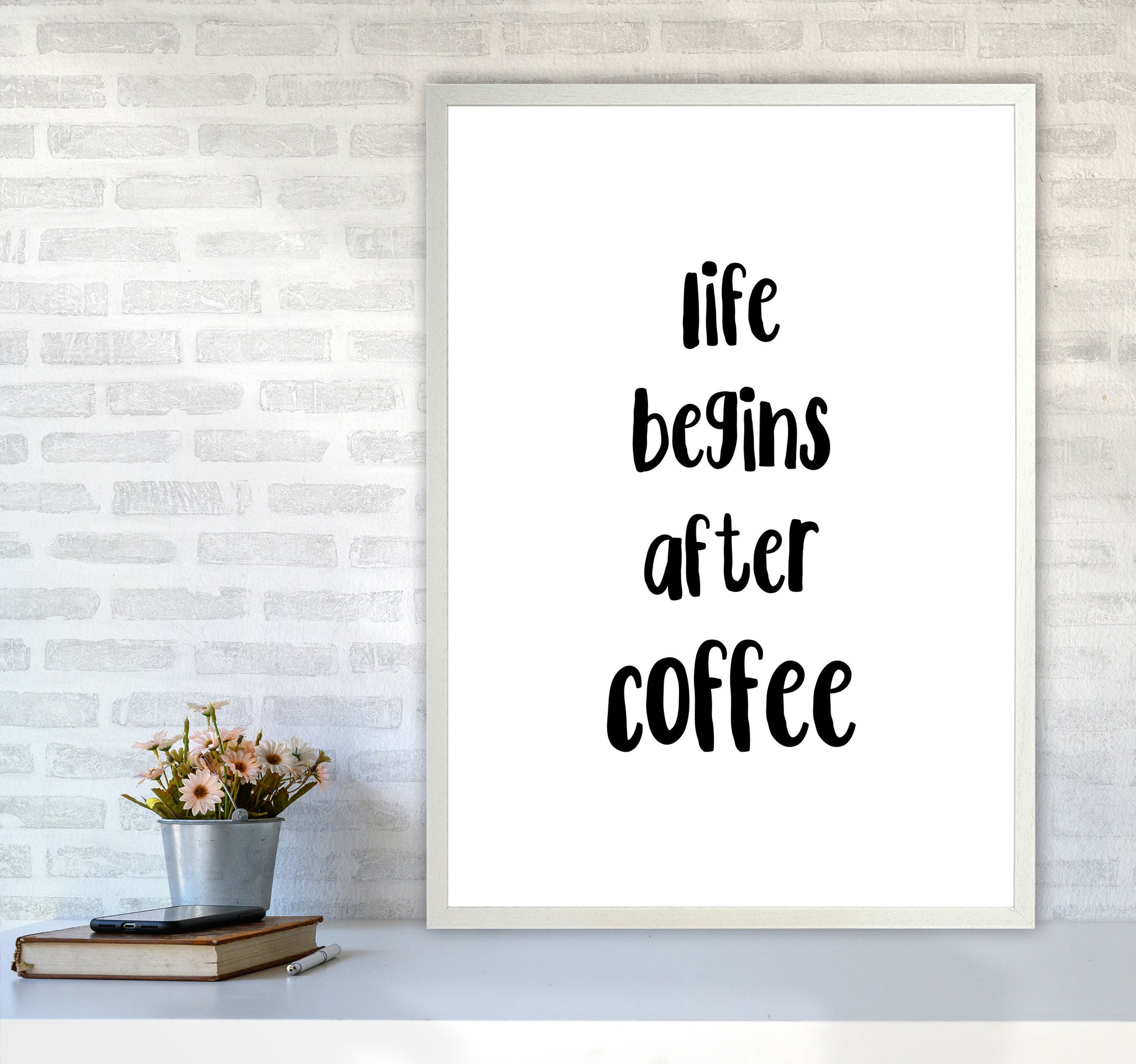 Life Begins After Coffee Modern Print, Framed Kitchen Wall Art A1 Oak Frame