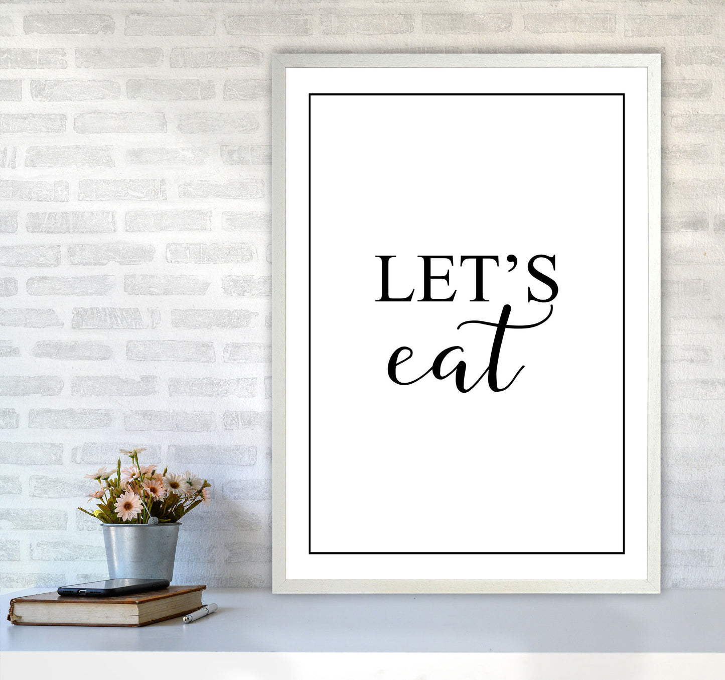 Let&#39;s Eat Modern Print, Framed Kitchen Wall Art A1 Oak Frame