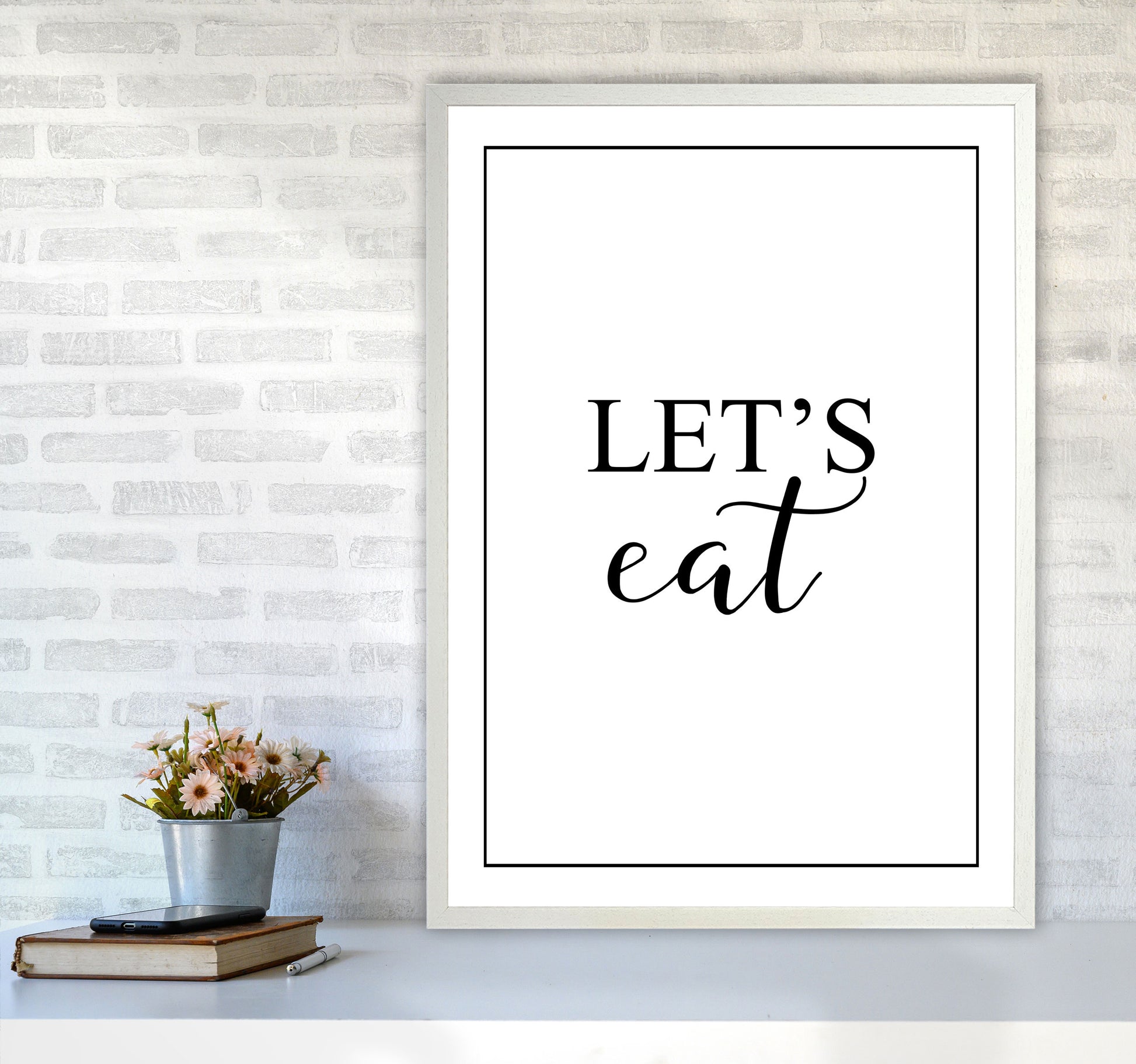 Let&#39;s Eat Modern Print, Framed Kitchen Wall Art A1 Oak Frame