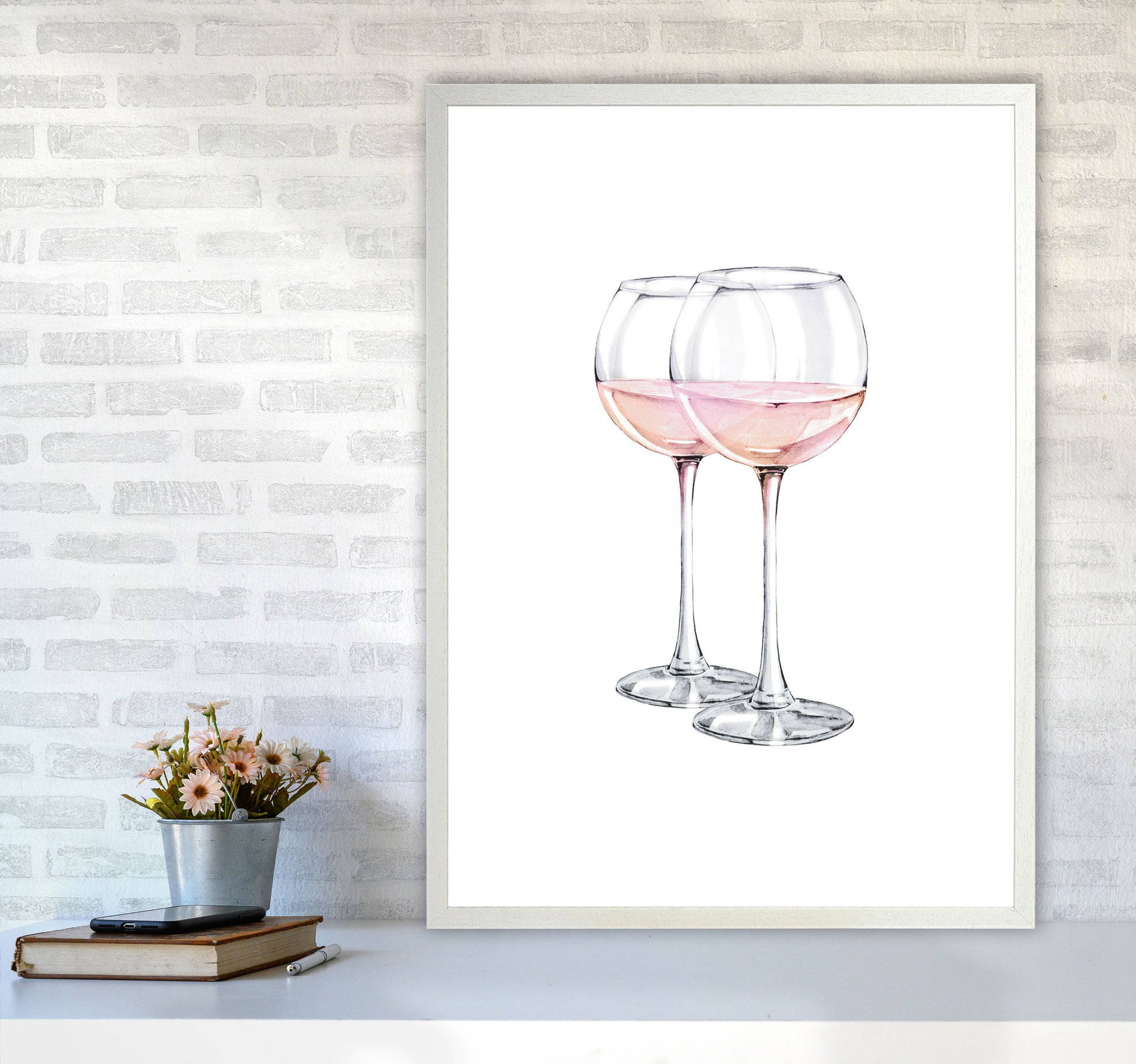 Pink Wine Glasses Modern Print A1 Oak Frame