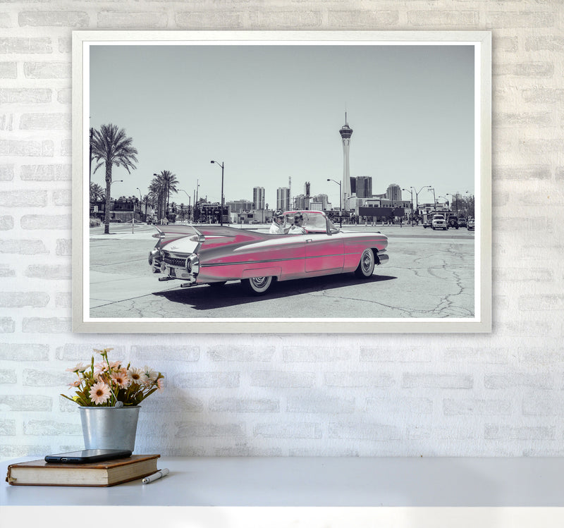 Retro Pink Car Modern Print A1 Oak Frame