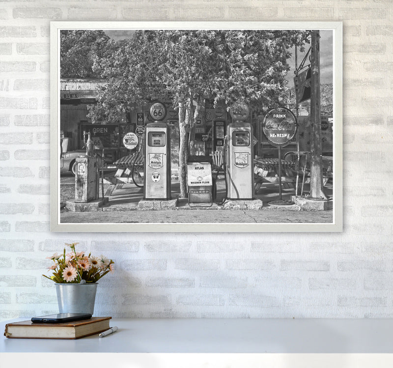 Retro Black And White Gas Pumps Modern Print A1 Oak Frame