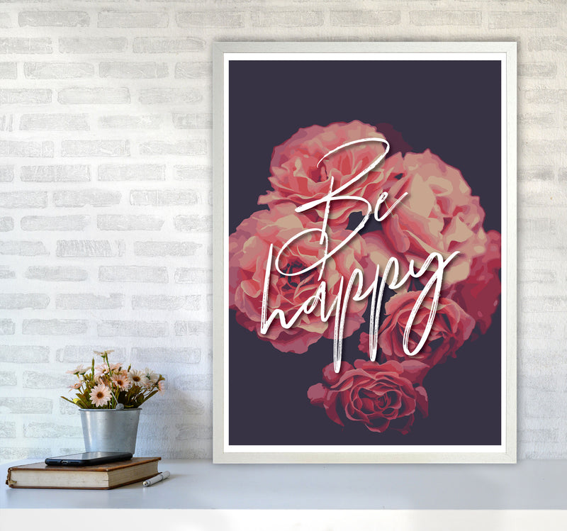 Be Happy Floral Modern Print, Framed Botanical & Nature Art Print A1 Oak Frame