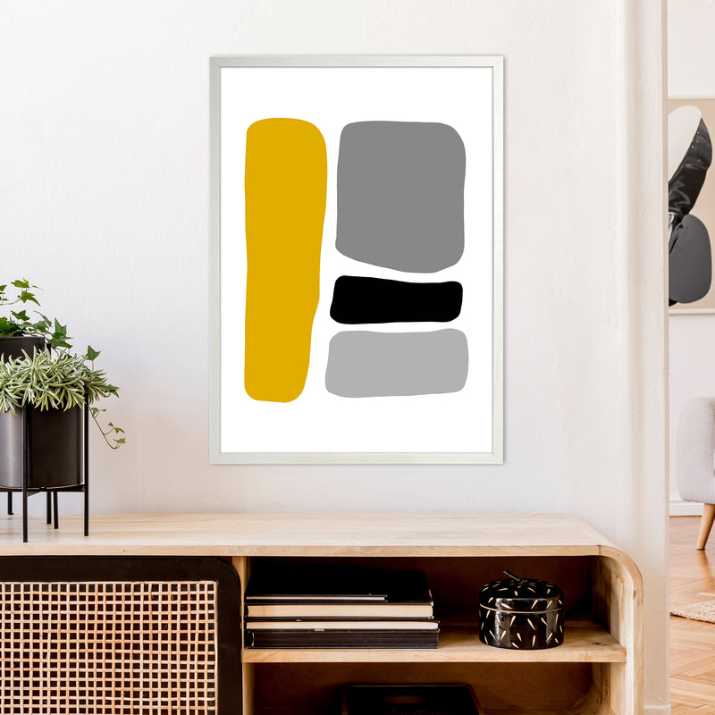 Mustard And Black Abstract Stones 1 Art Print by Pixy Paper A1 Oak Frame