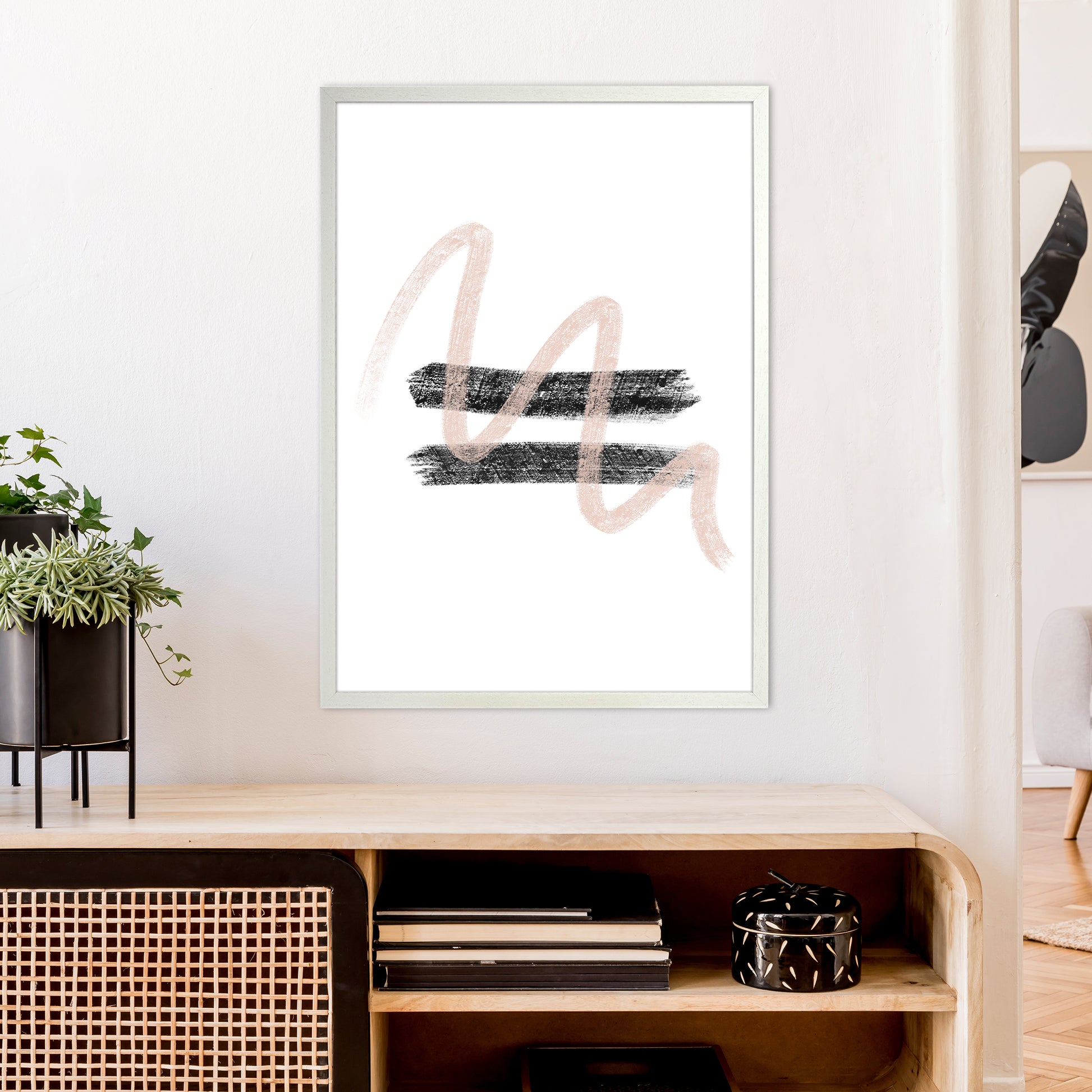 Dalia Chalk Pink And Black Line Contrast  Art Print by Pixy Paper A1 Oak Frame