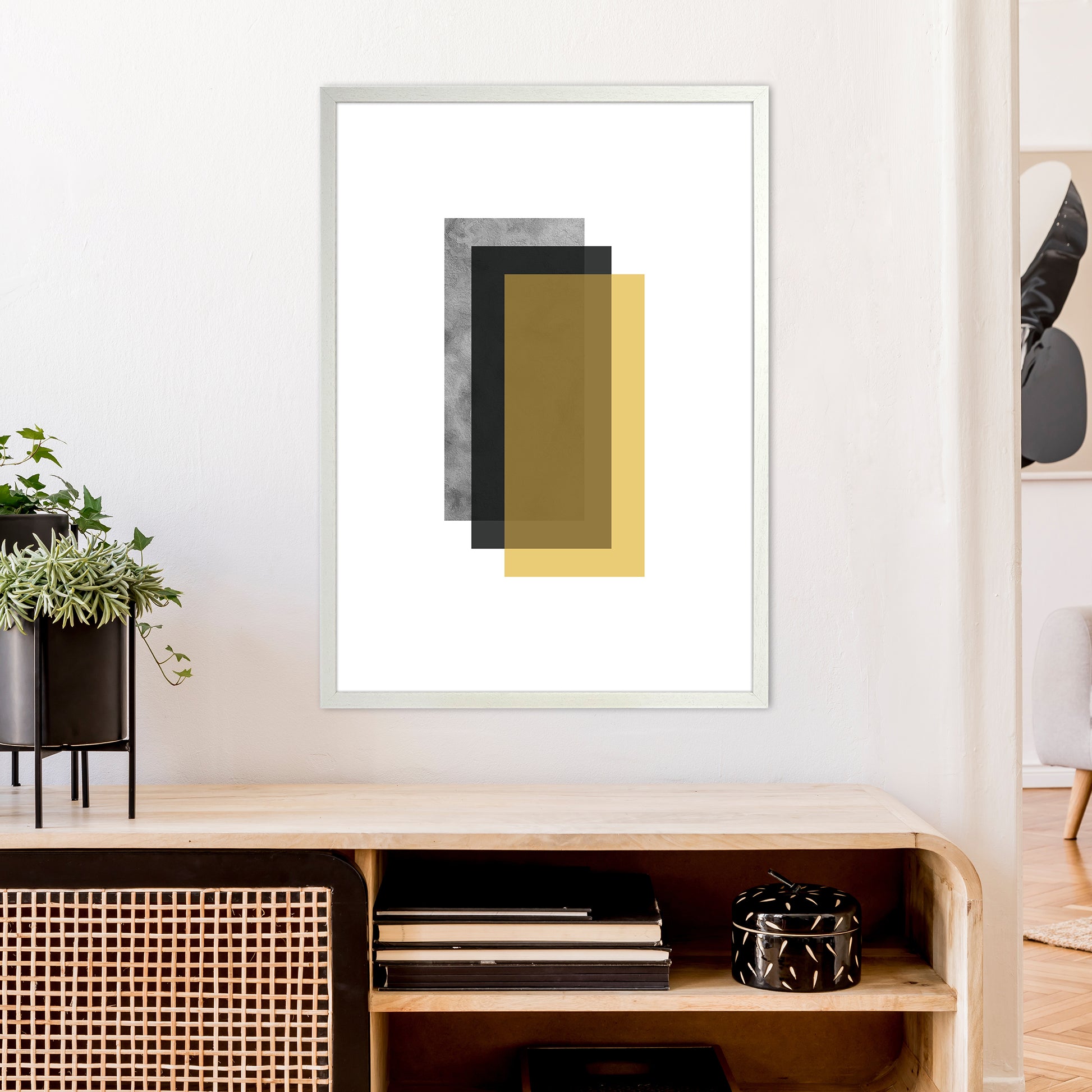 Geometric Mustard And Black Rectangles  Art Print by Pixy Paper A1 Oak Frame