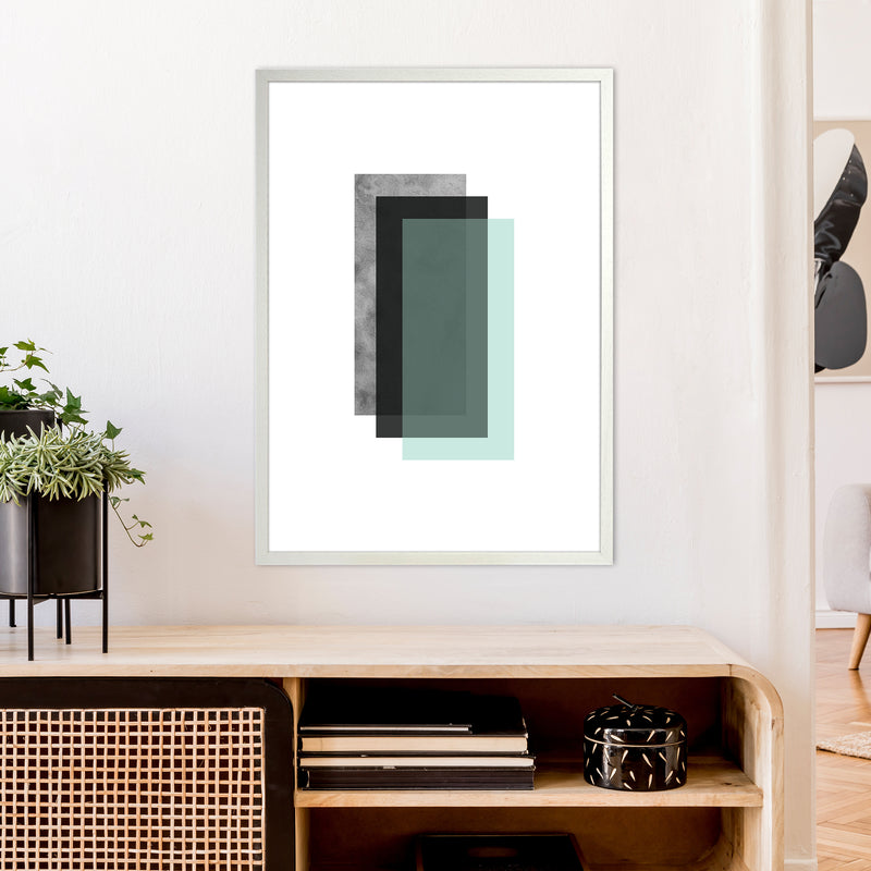Geometric Mint And Black Rectangles  Art Print by Pixy Paper A1 Oak Frame