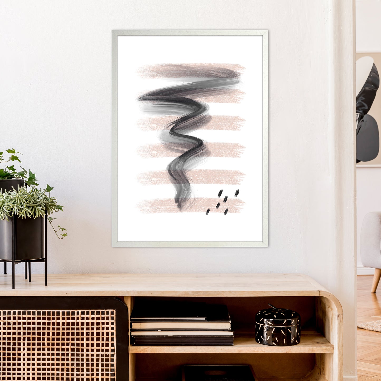 Dalia Chalk Pink Lines Black Storm  Art Print by Pixy Paper A1 Oak Frame