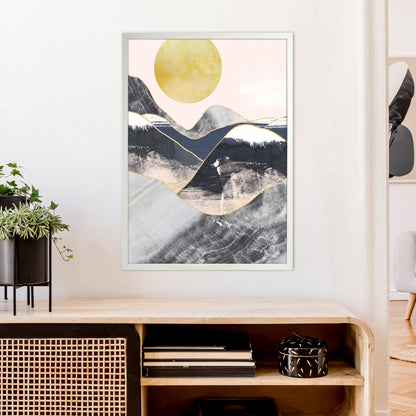 Gold Moon Navy Marble Mountains  Art Print by Pixy Paper A1 Oak Frame