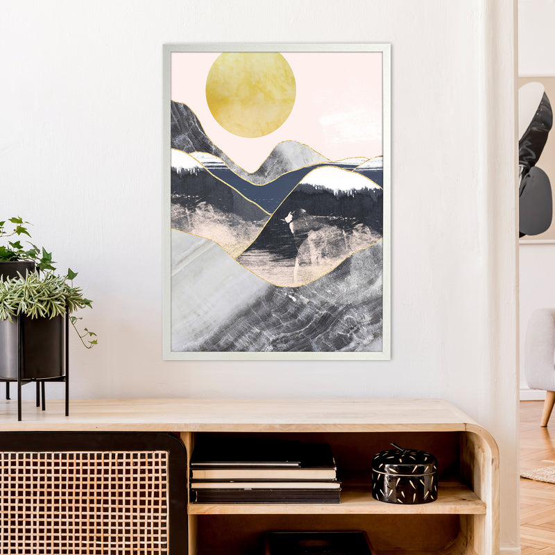 Gold Moon Navy Marble Mountains  Art Print by Pixy Paper A1 Oak Frame