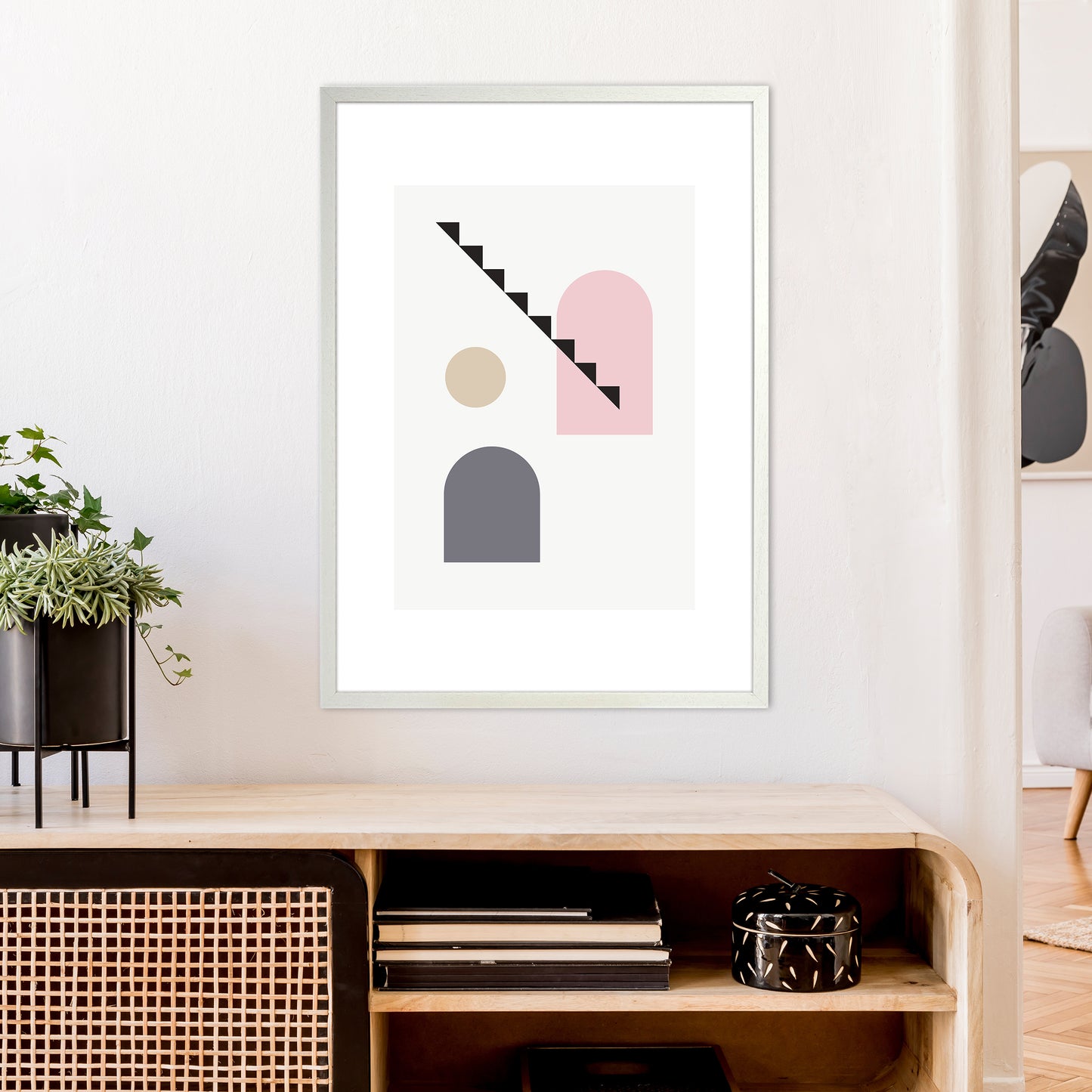 Mila Pink Stairs Left N4  Art Print by Pixy Paper A1 Oak Frame