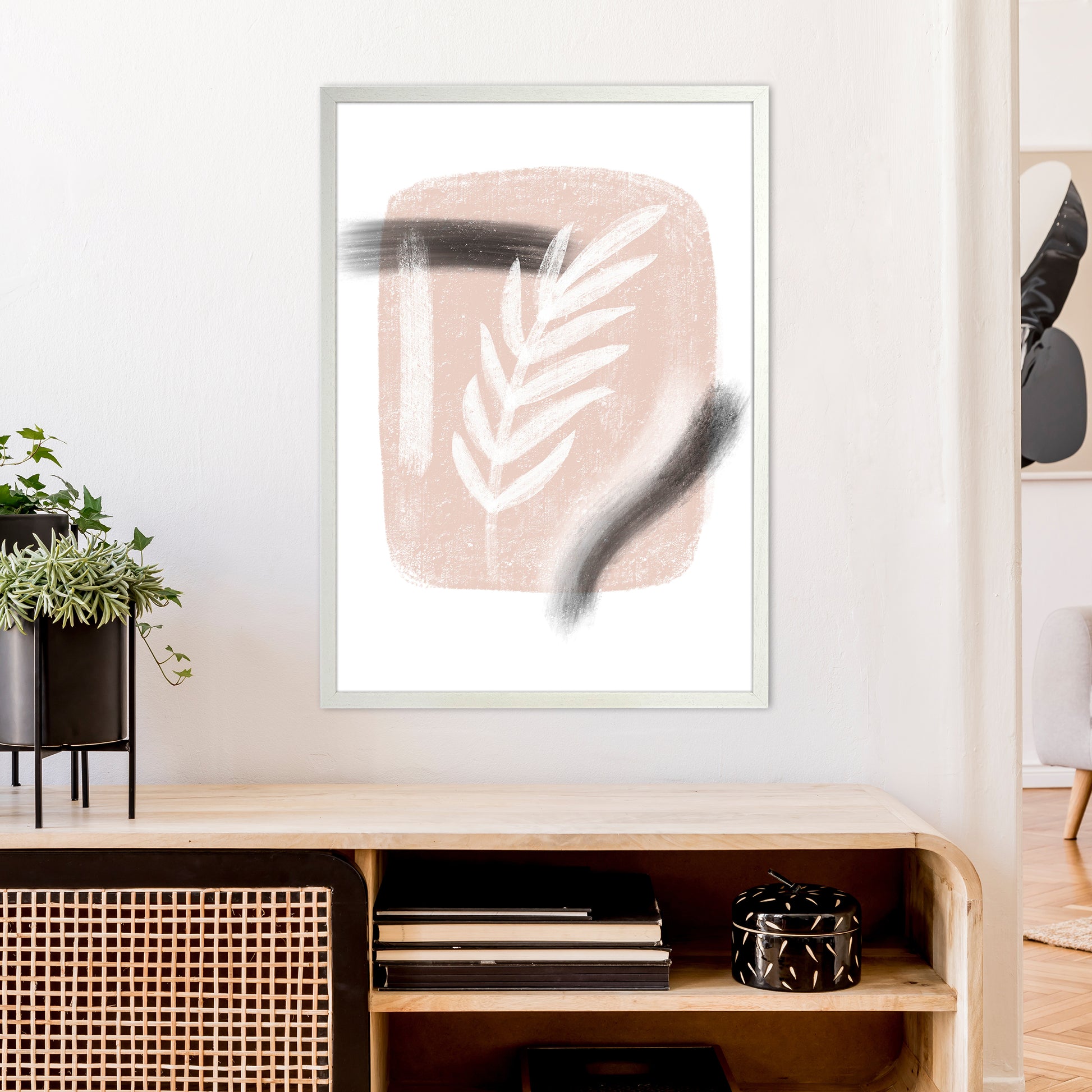 Dalia Chalk White Leaf  Art Print by Pixy Paper A1 Oak Frame